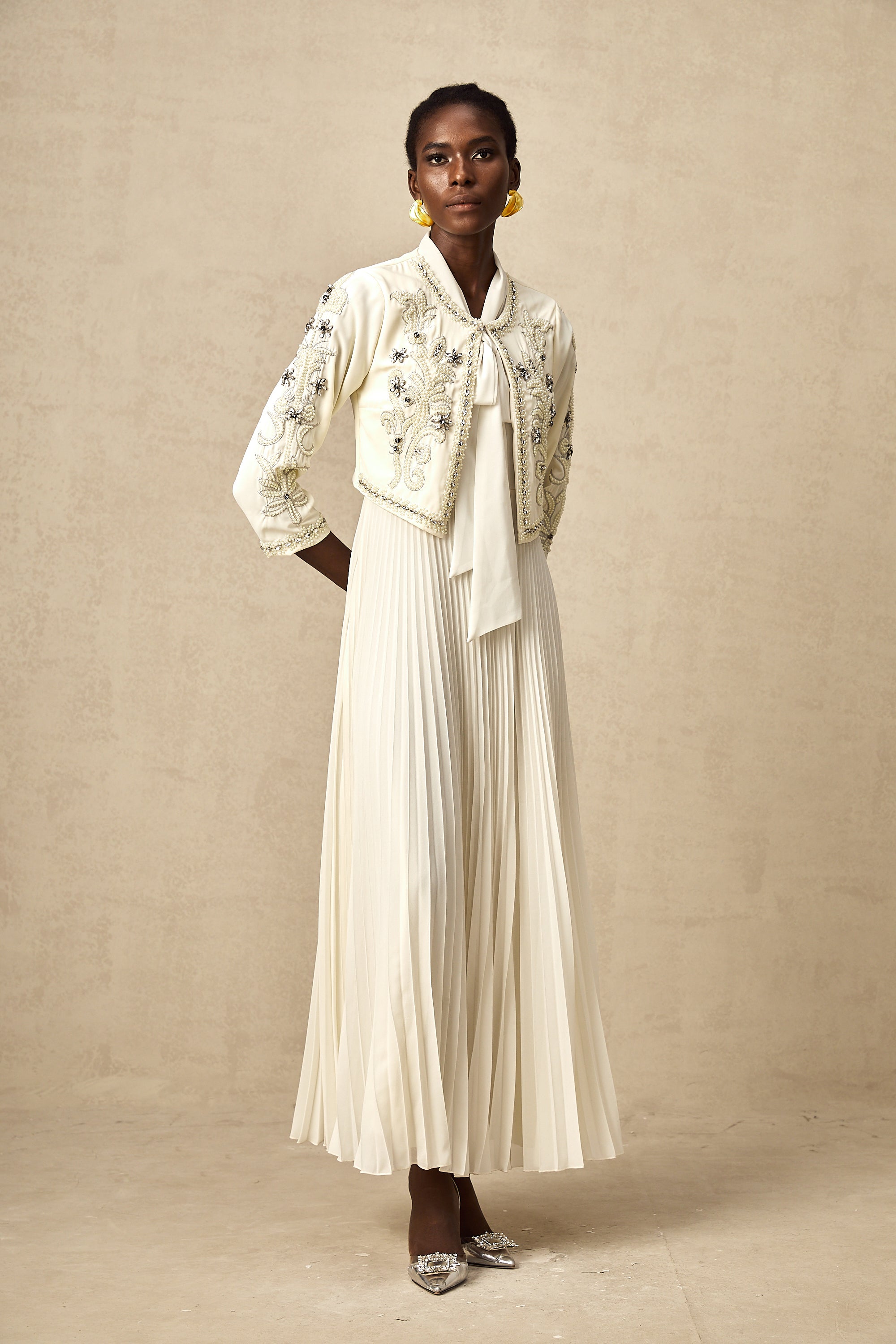 Blanche white embellished pleated jacket & dress matching set