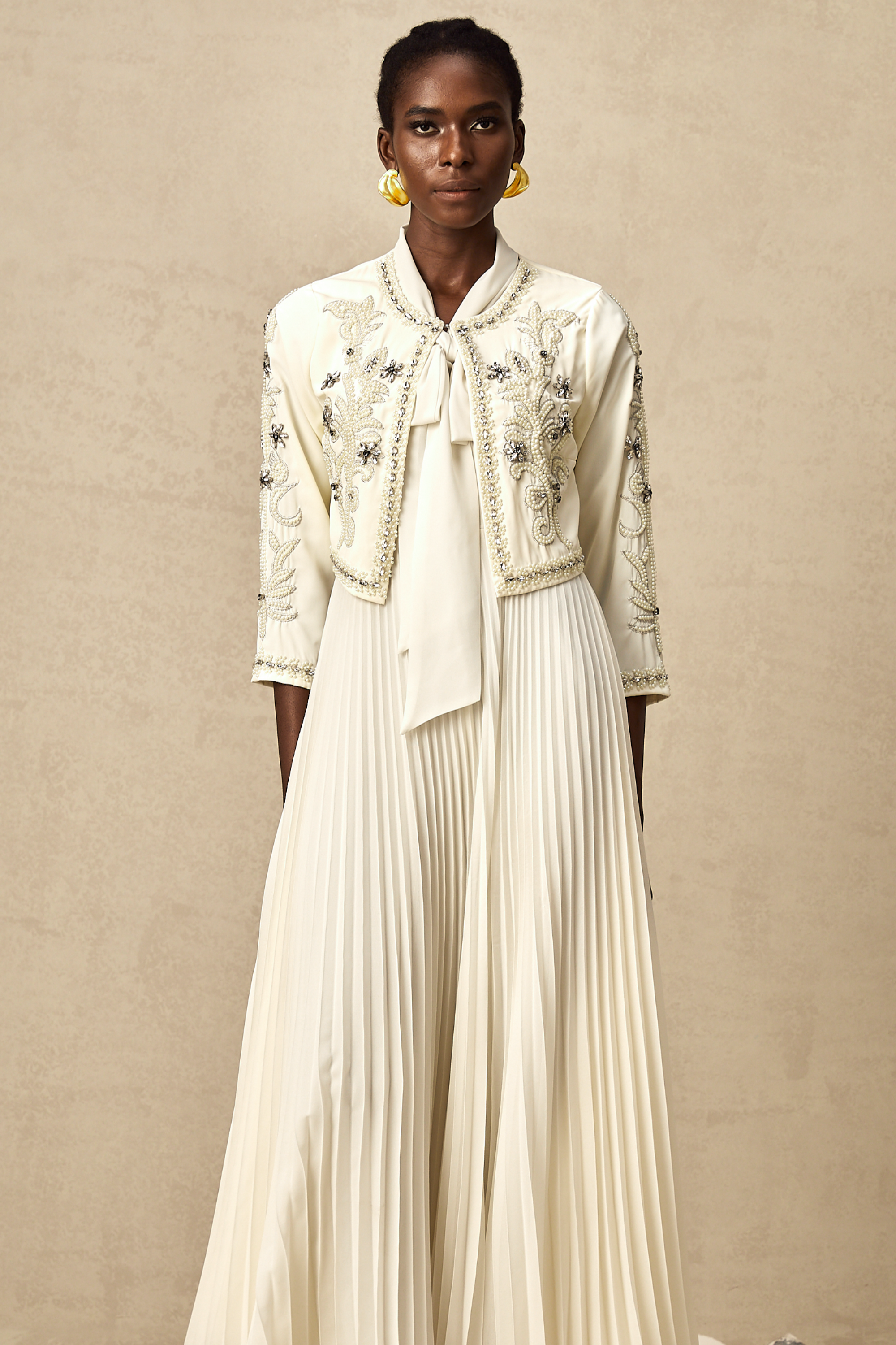 Blanche white embellished pleated jacket & dress matching set