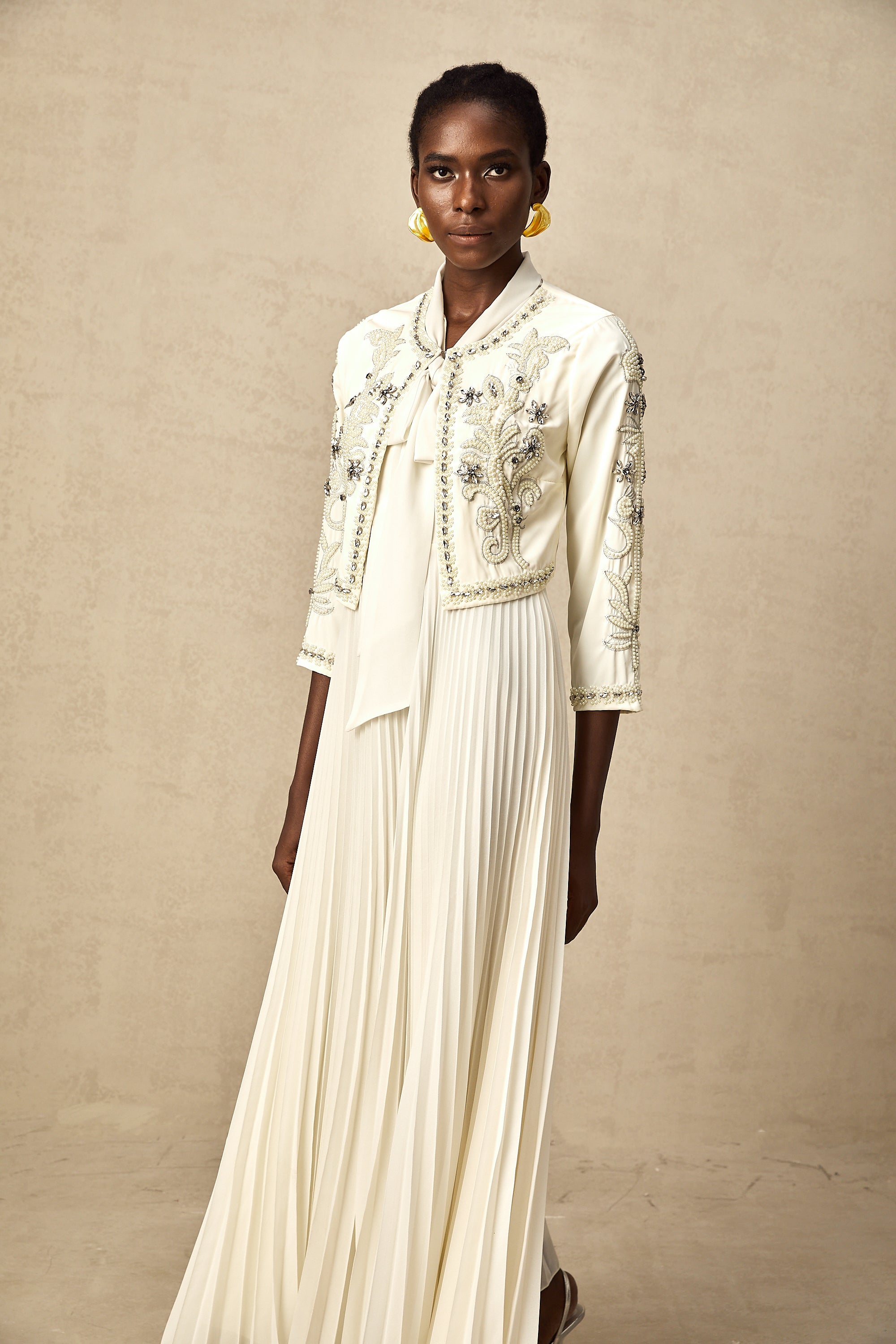 Blanche white embellished pleated jacket & dress matching set