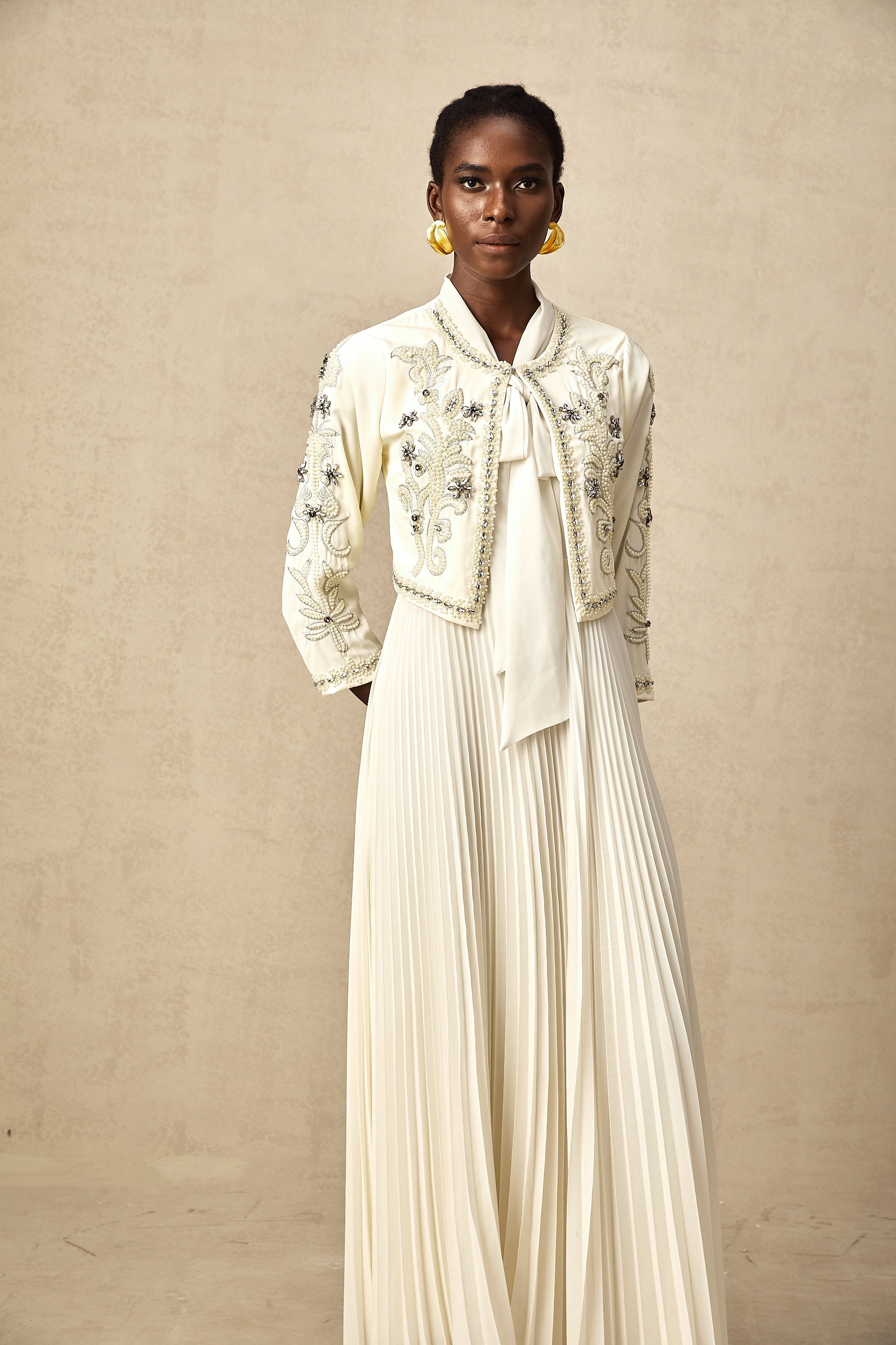 Blanche white embellished pleated jacket & dress matching set