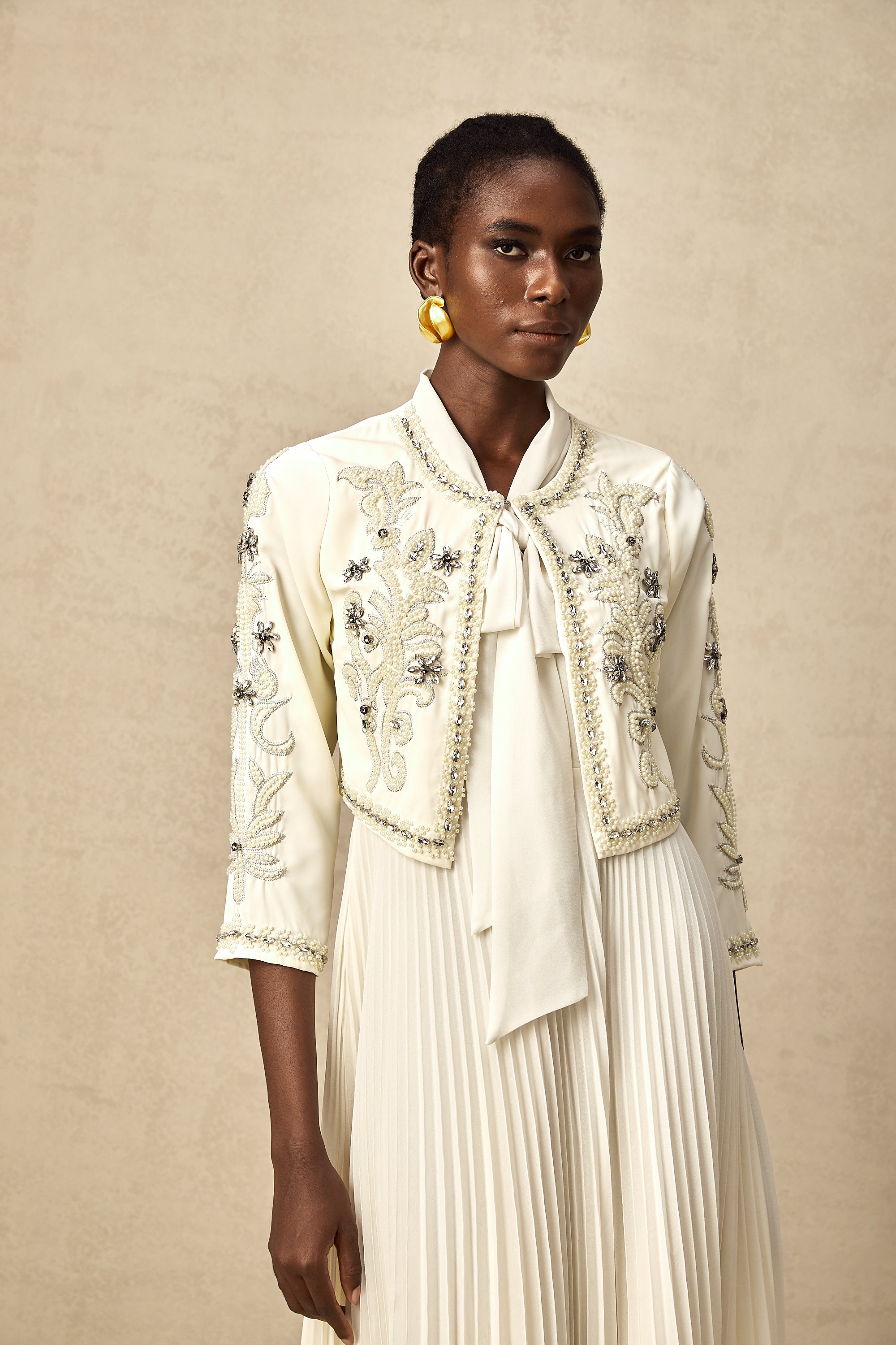 Blanche white embellished pleated jacket & dress matching set