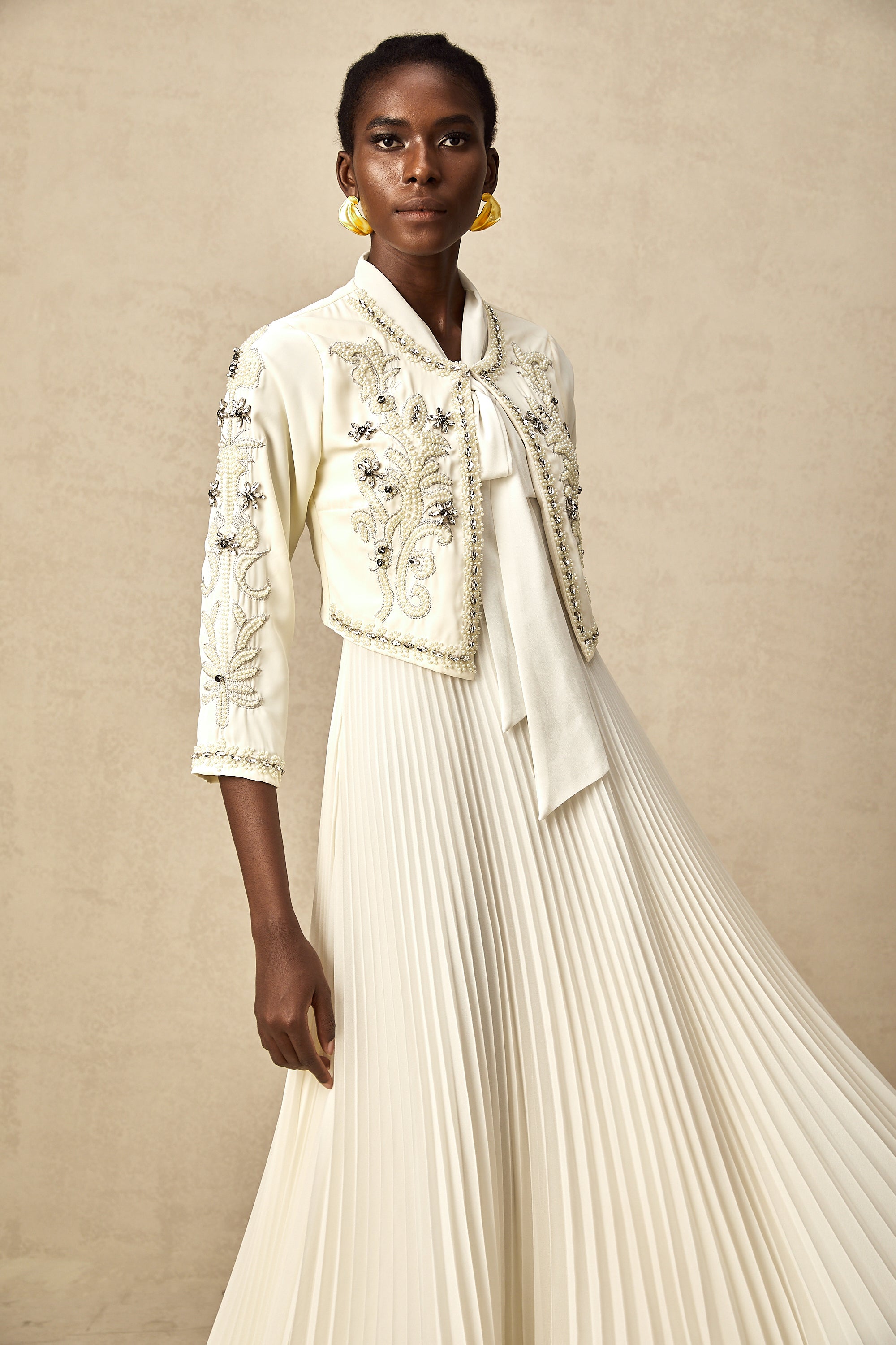 Blanche white embellished pleated jacket & dress matching set