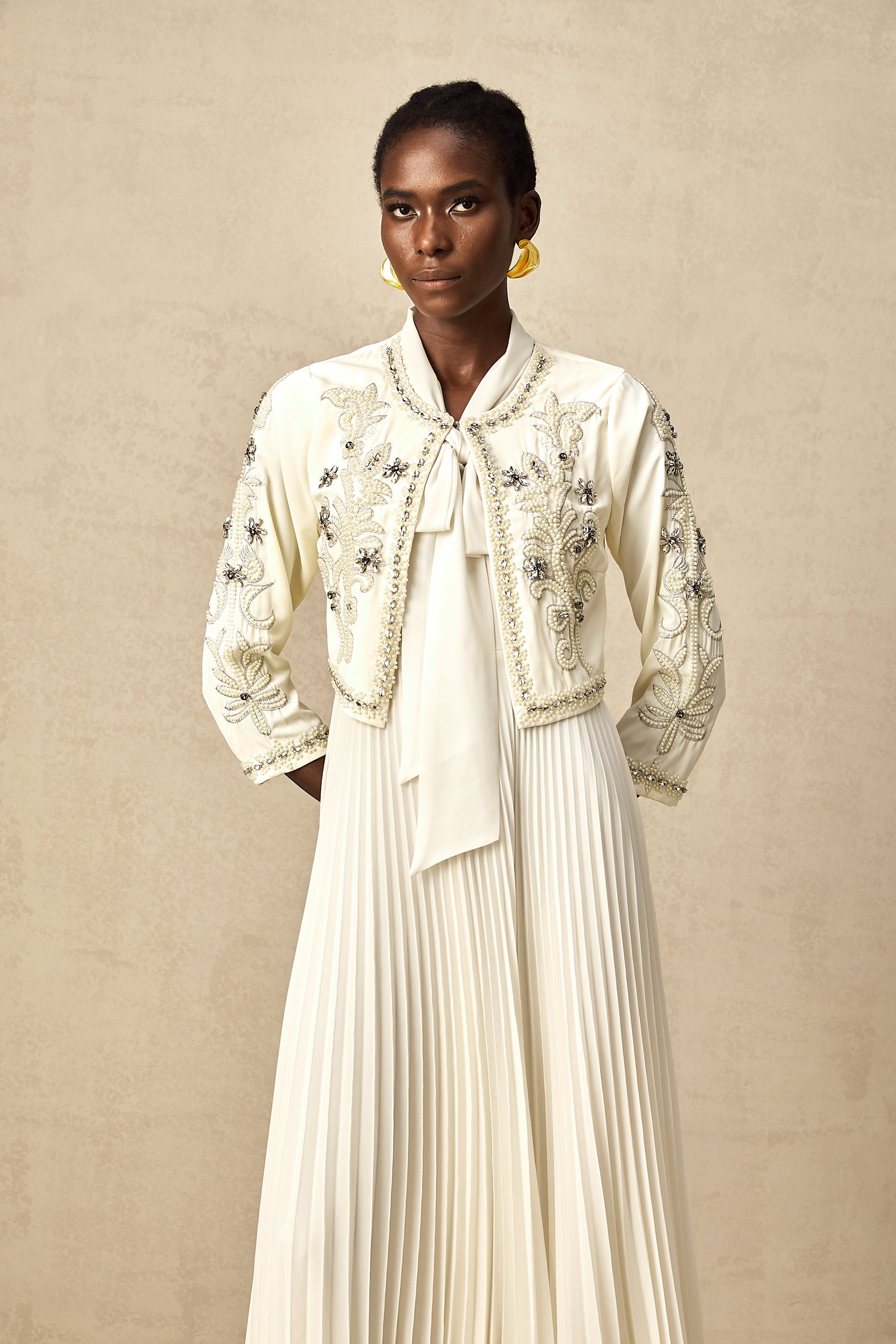 Blanche white embellished pleated jacket & dress matching set