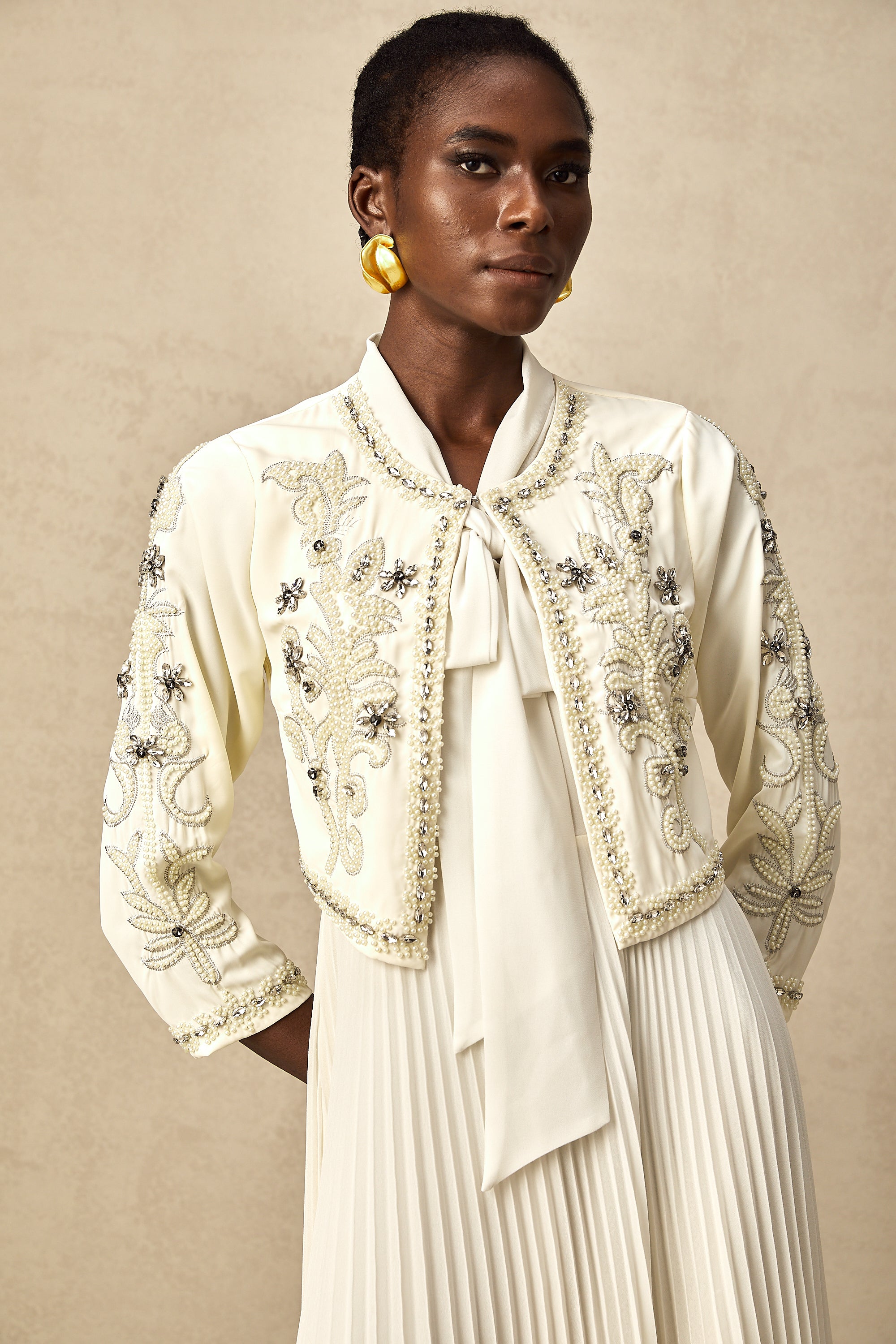 Blanche white embellished pleated jacket & dress matching set