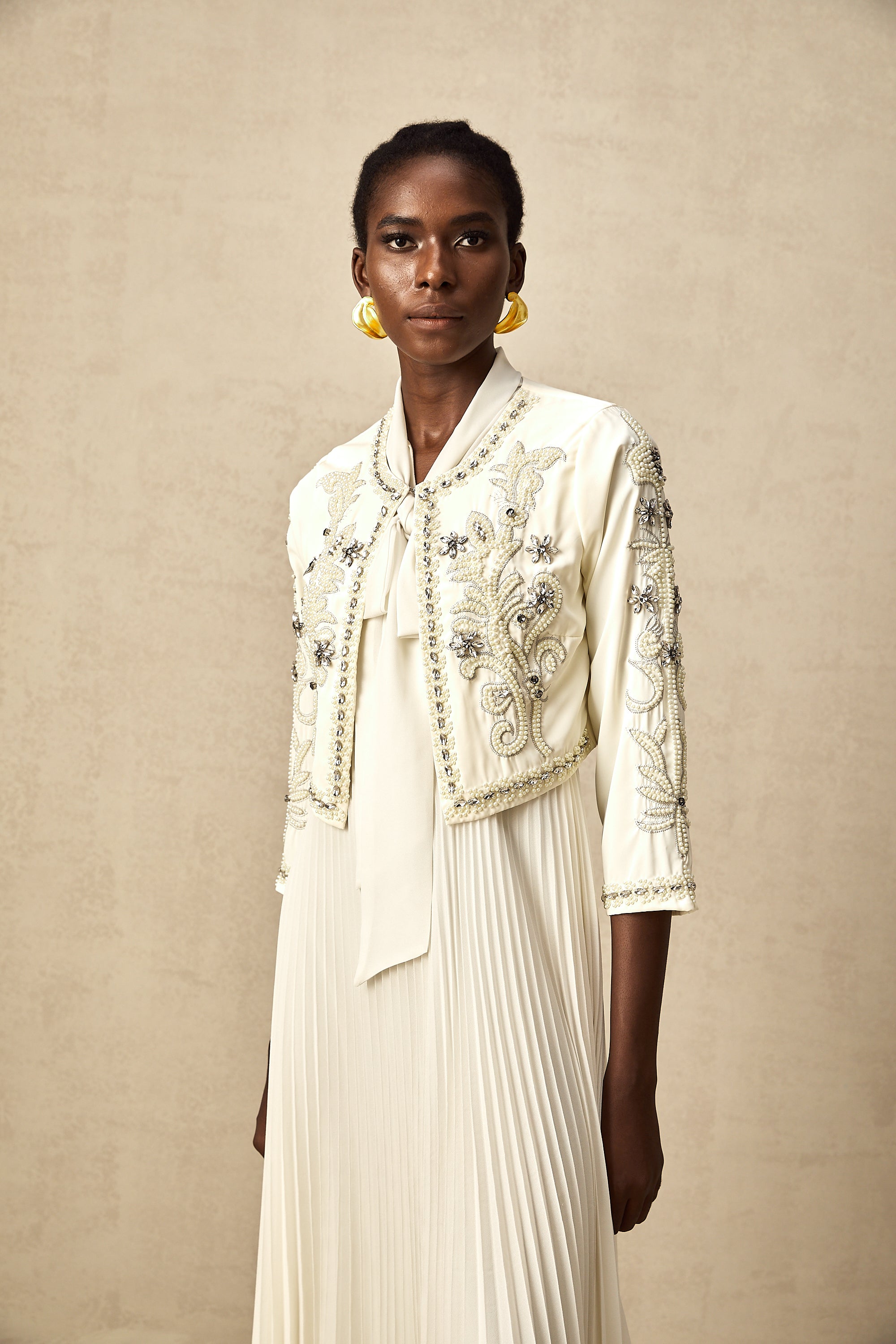 Blanche white embellished pleated jacket & dress matching set