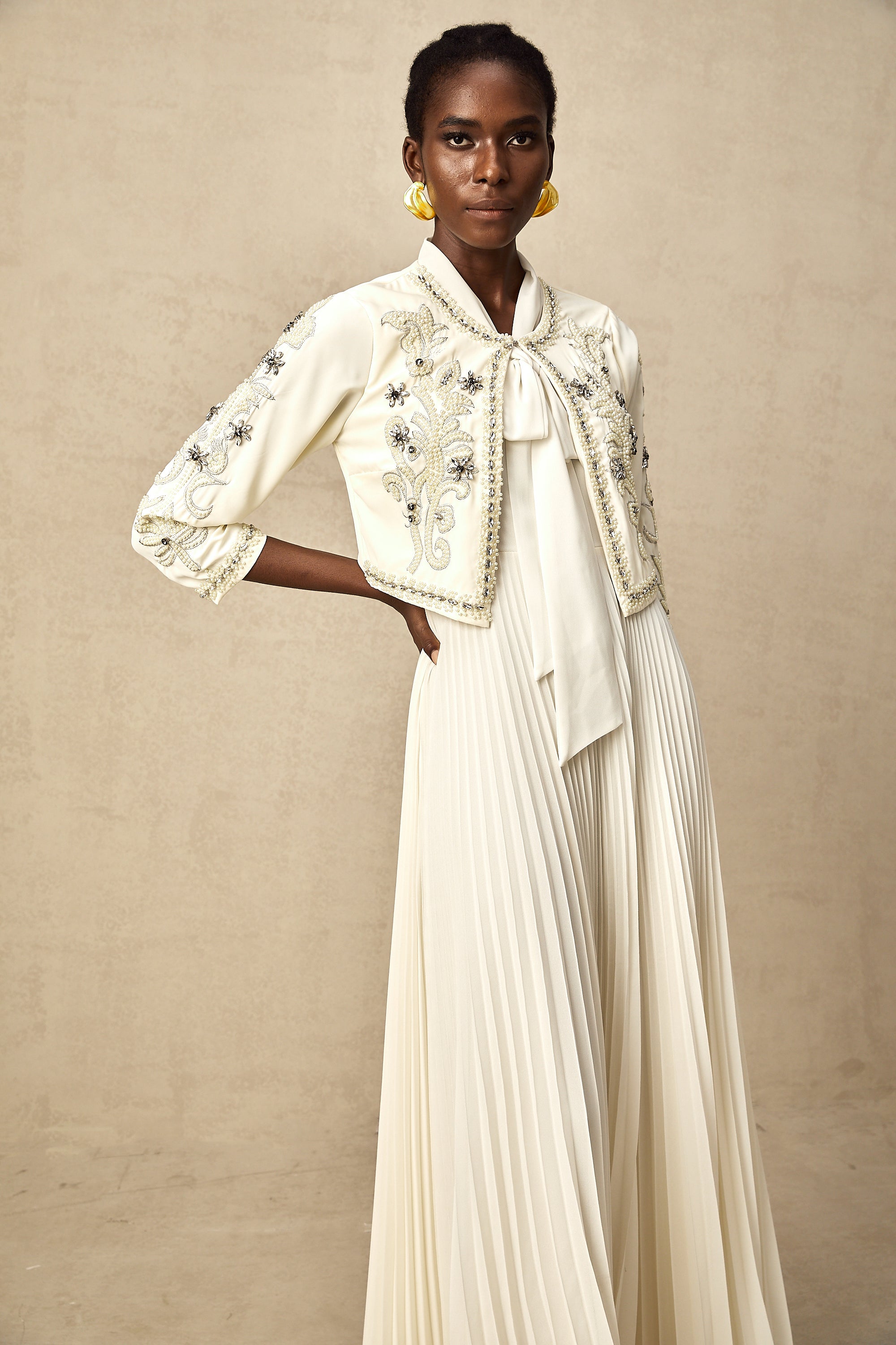 Blanche white embellished pleated jacket & dress matching set