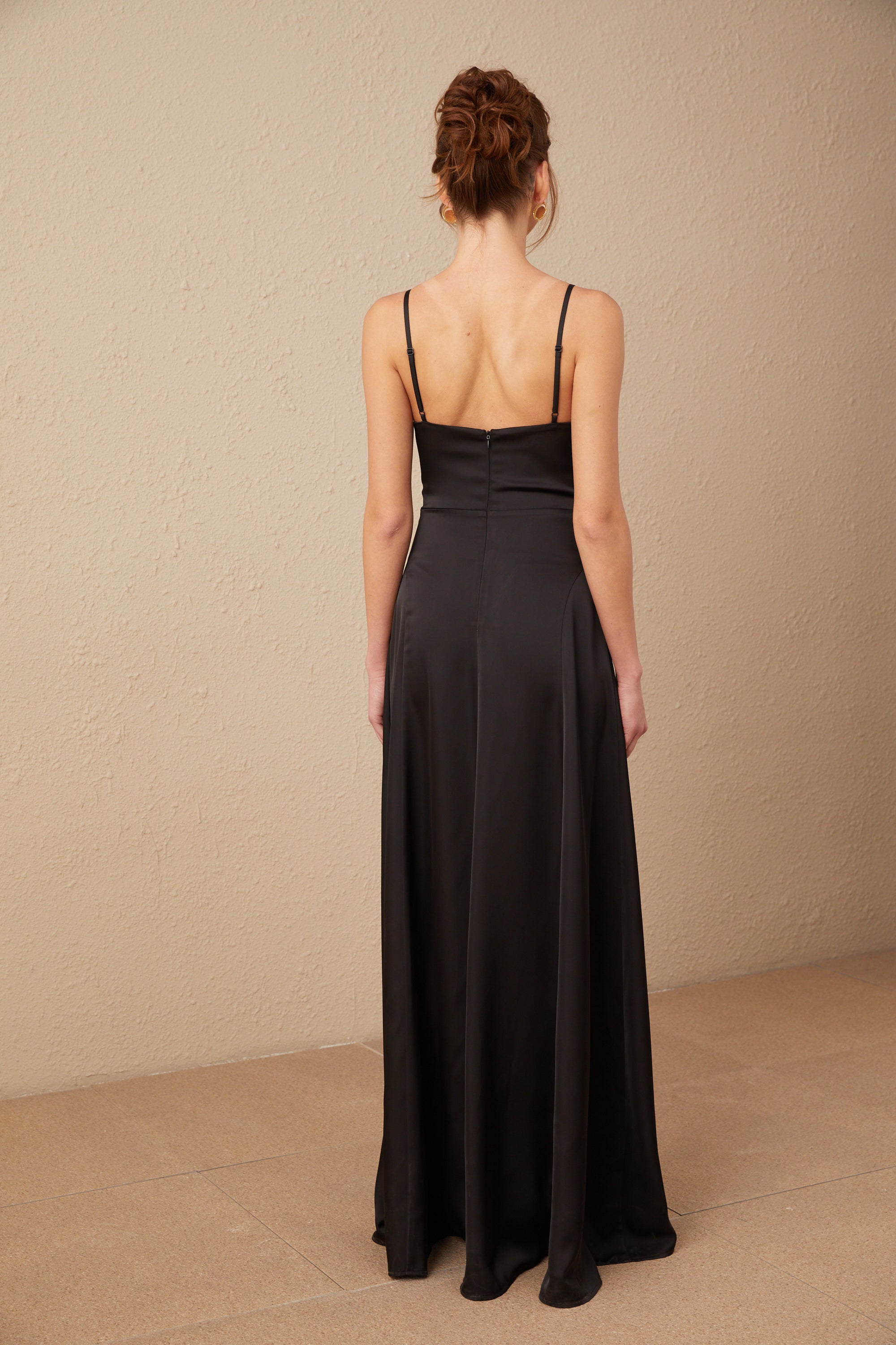 Blanche black satin V-neck front-slit maxi dress