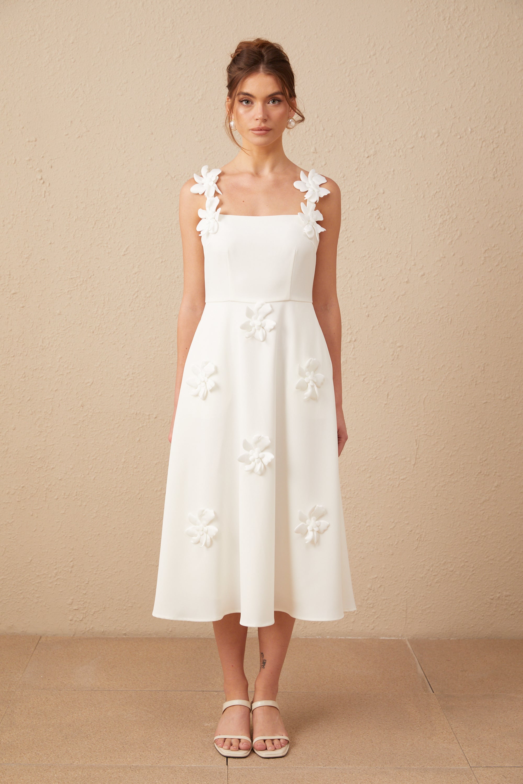 Ariane white faux-flower square-neck midi dress