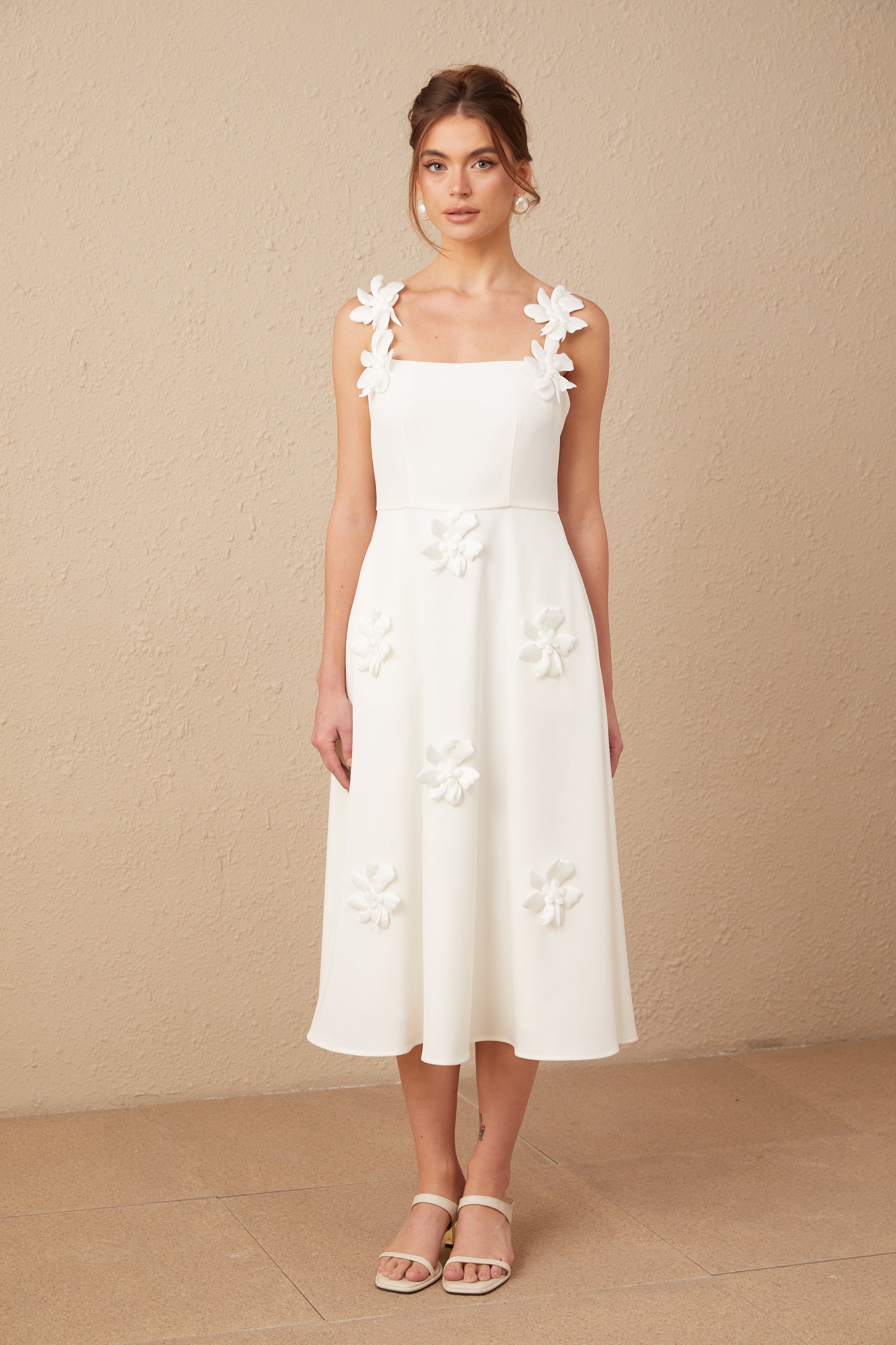 Ariane white faux-flower square-neck midi dress