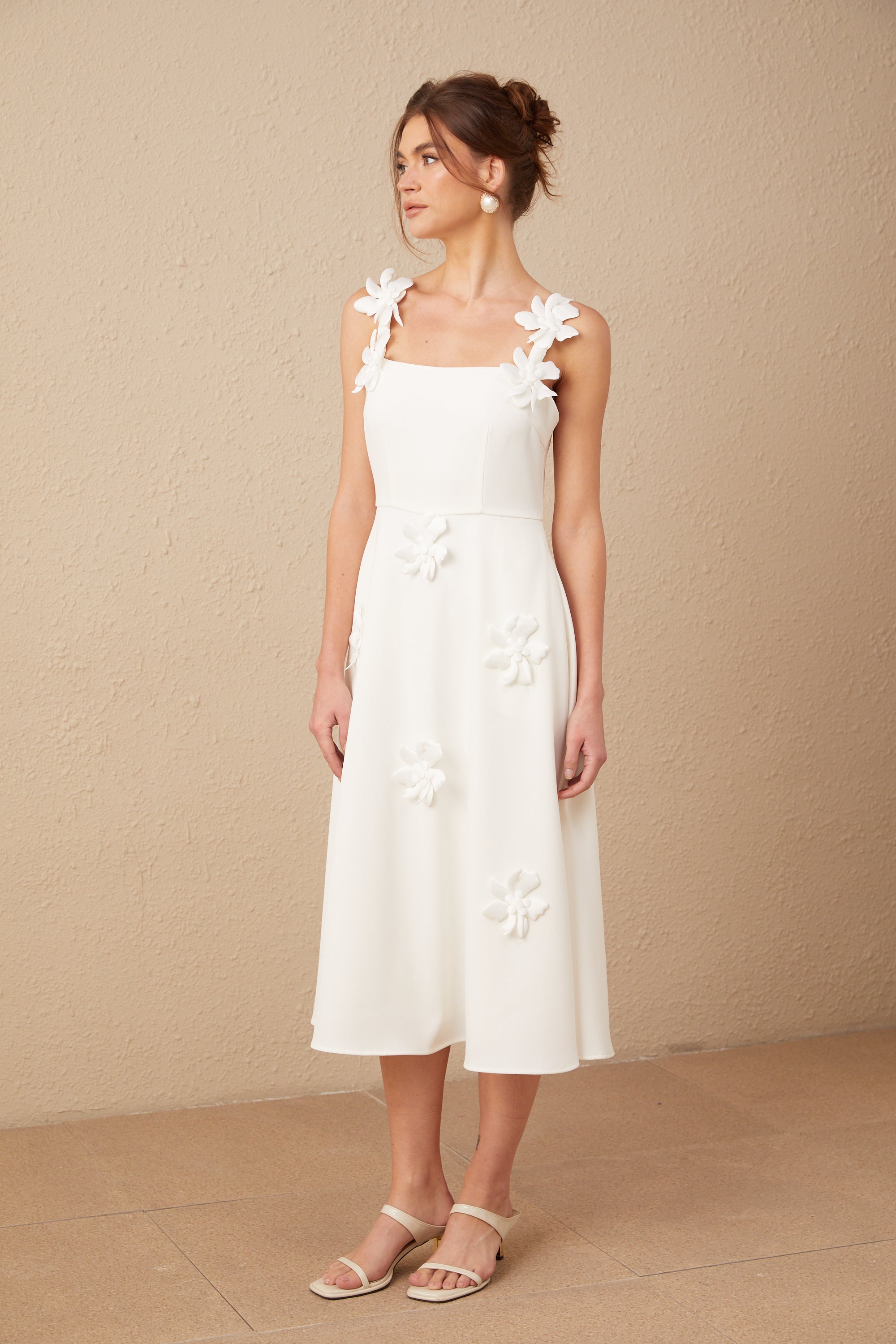 Ariane white faux-flower square-neck midi dress