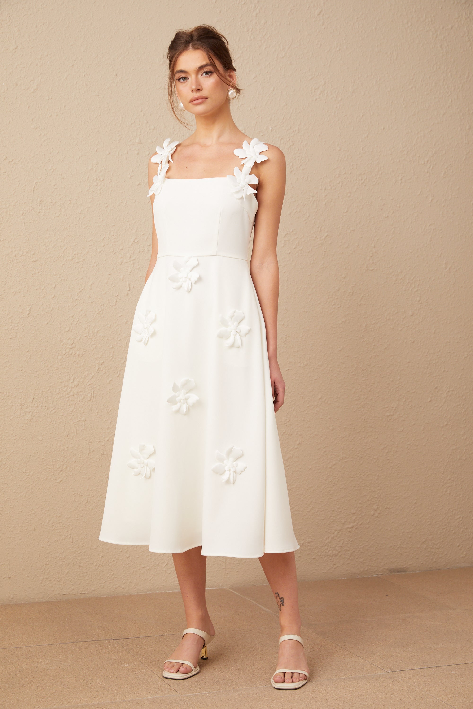 Ariane white faux-flower square-neck midi dress