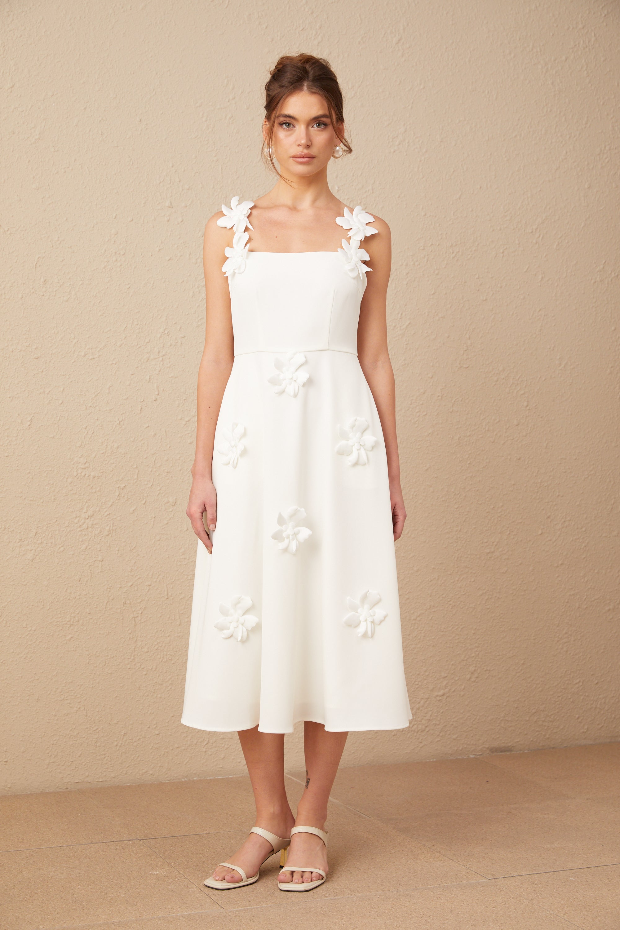 Ariane white faux-flower square-neck midi dress