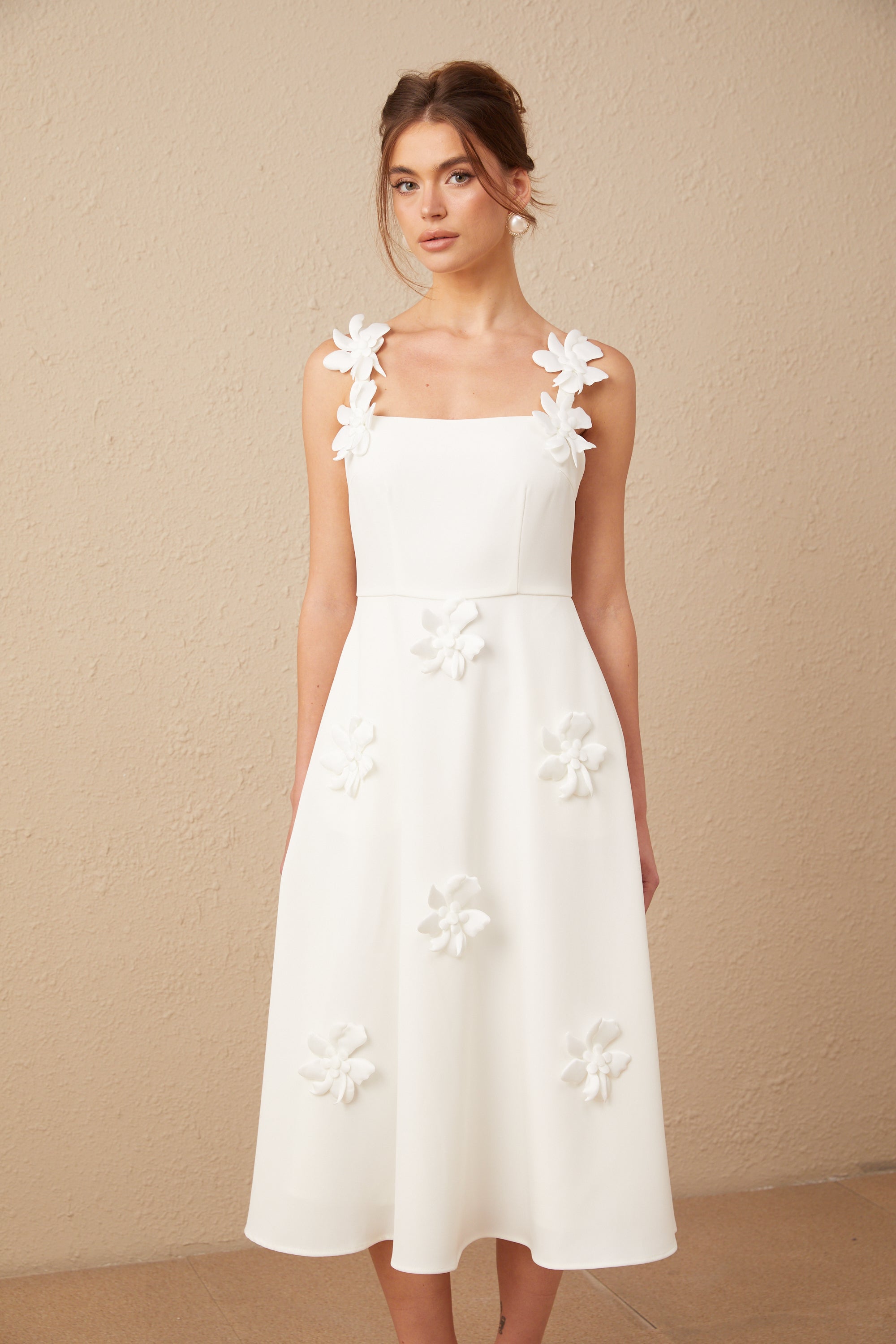 Ariane white faux-flower square-neck midi dress