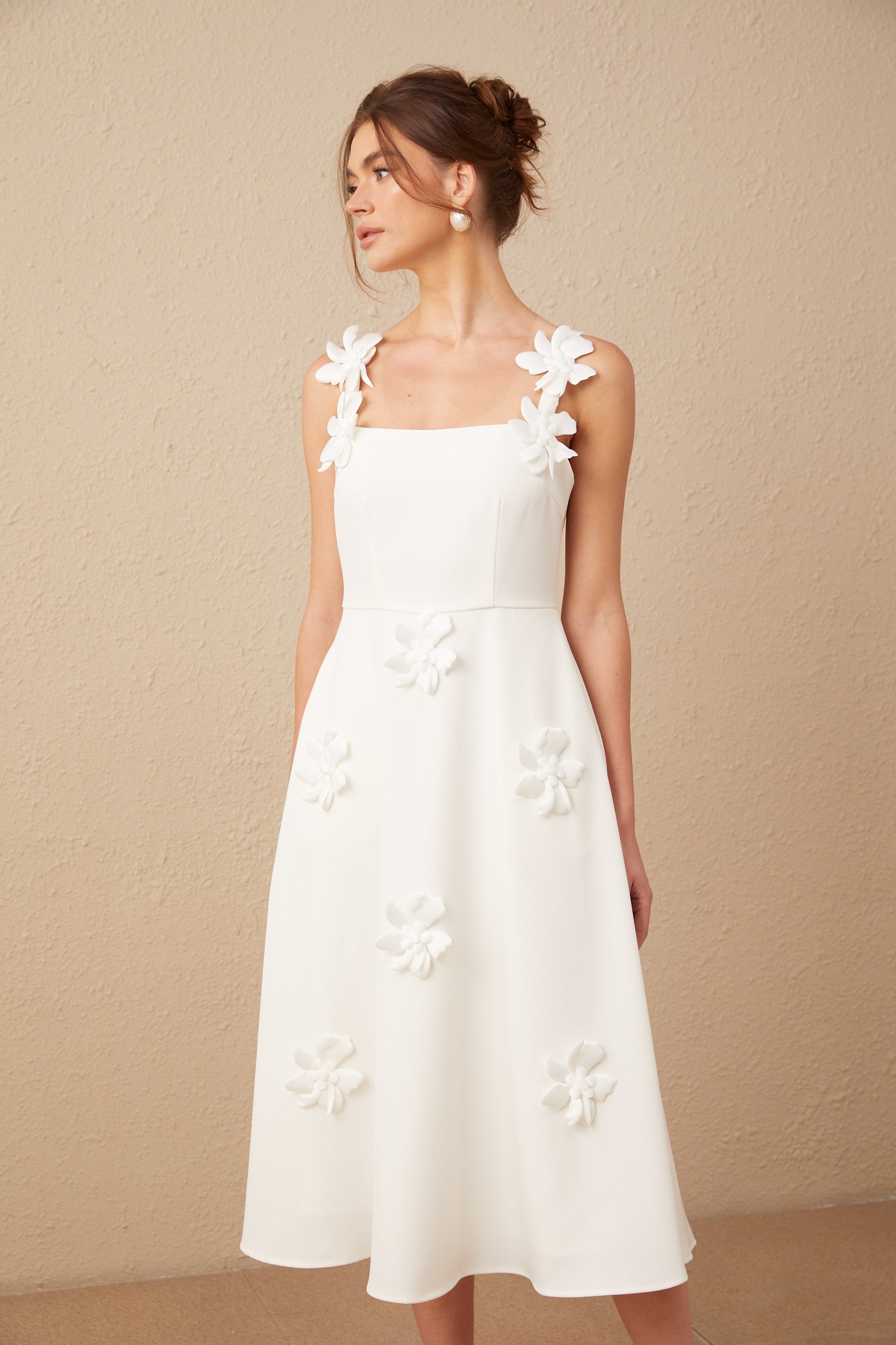 Ariane white faux-flower square-neck midi dress