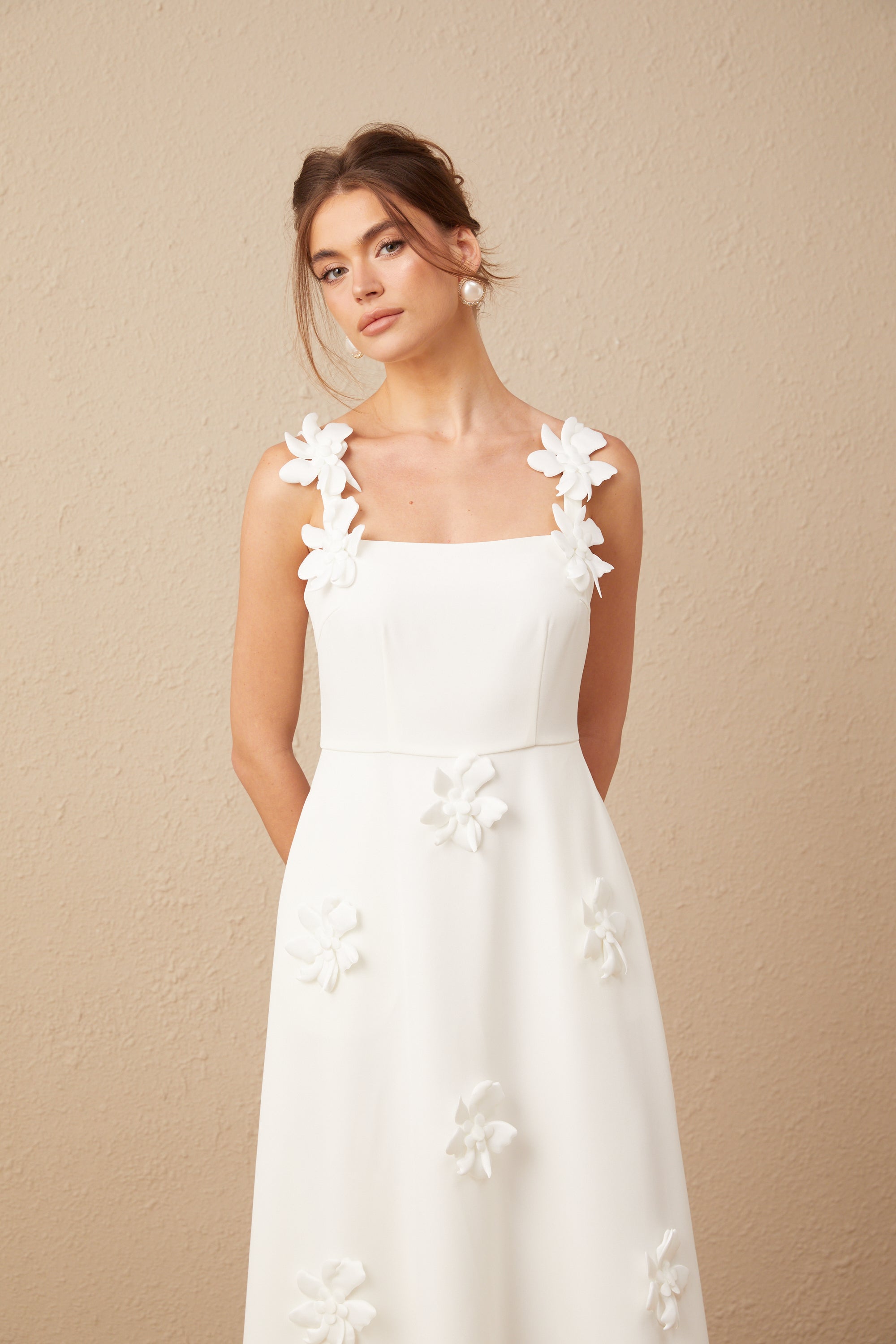 Ariane white faux-flower square-neck midi dress