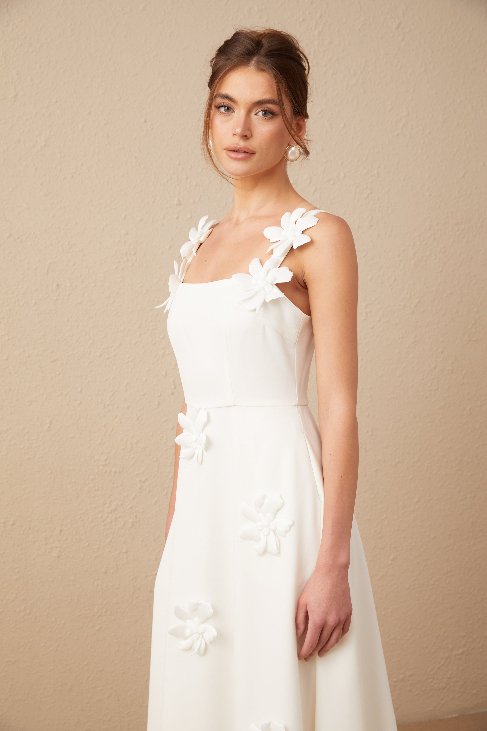 Ariane white faux-flower square-neck midi dress