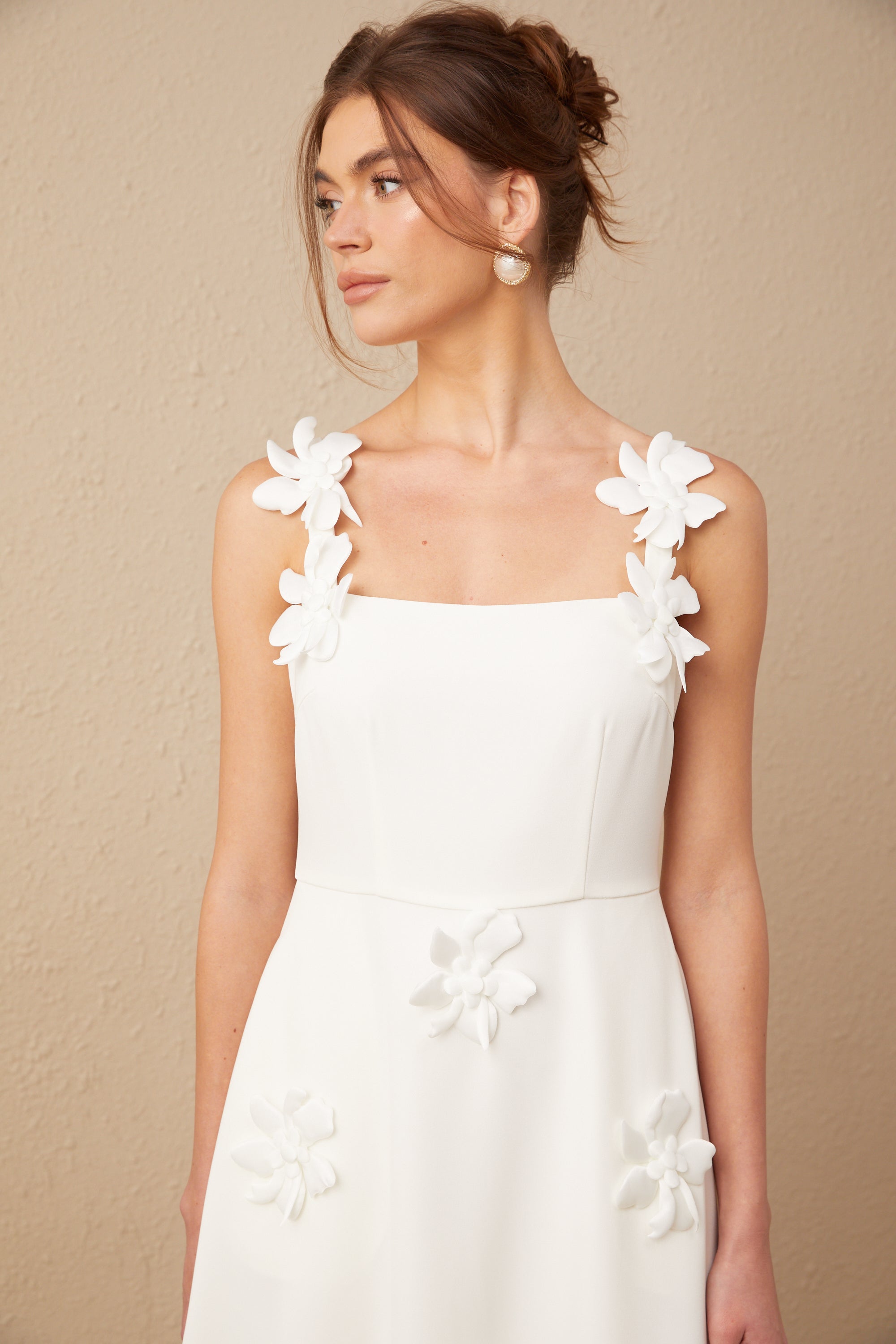 Ariane white faux-flower square-neck midi dress