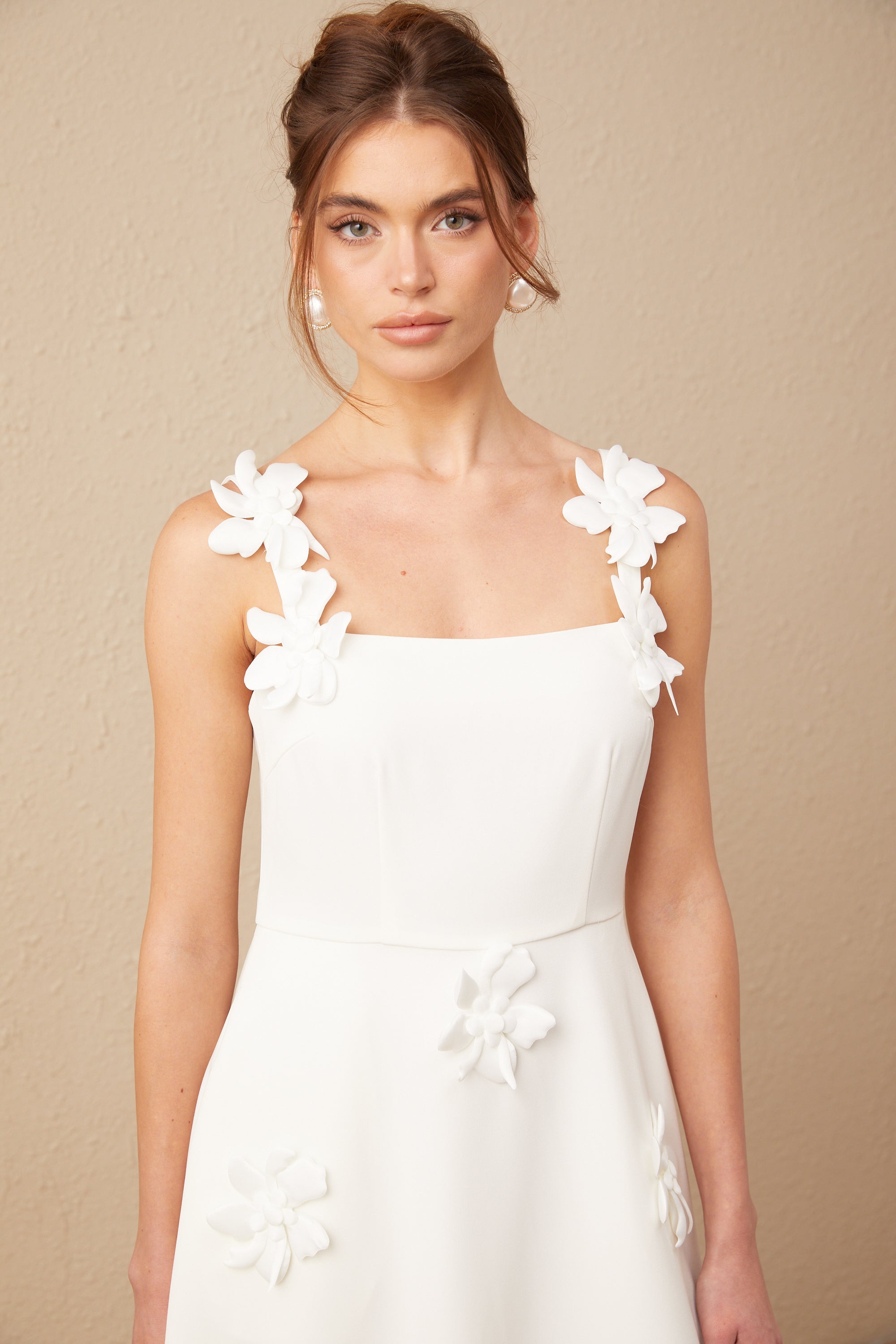 Ariane white faux-flower square-neck midi dress