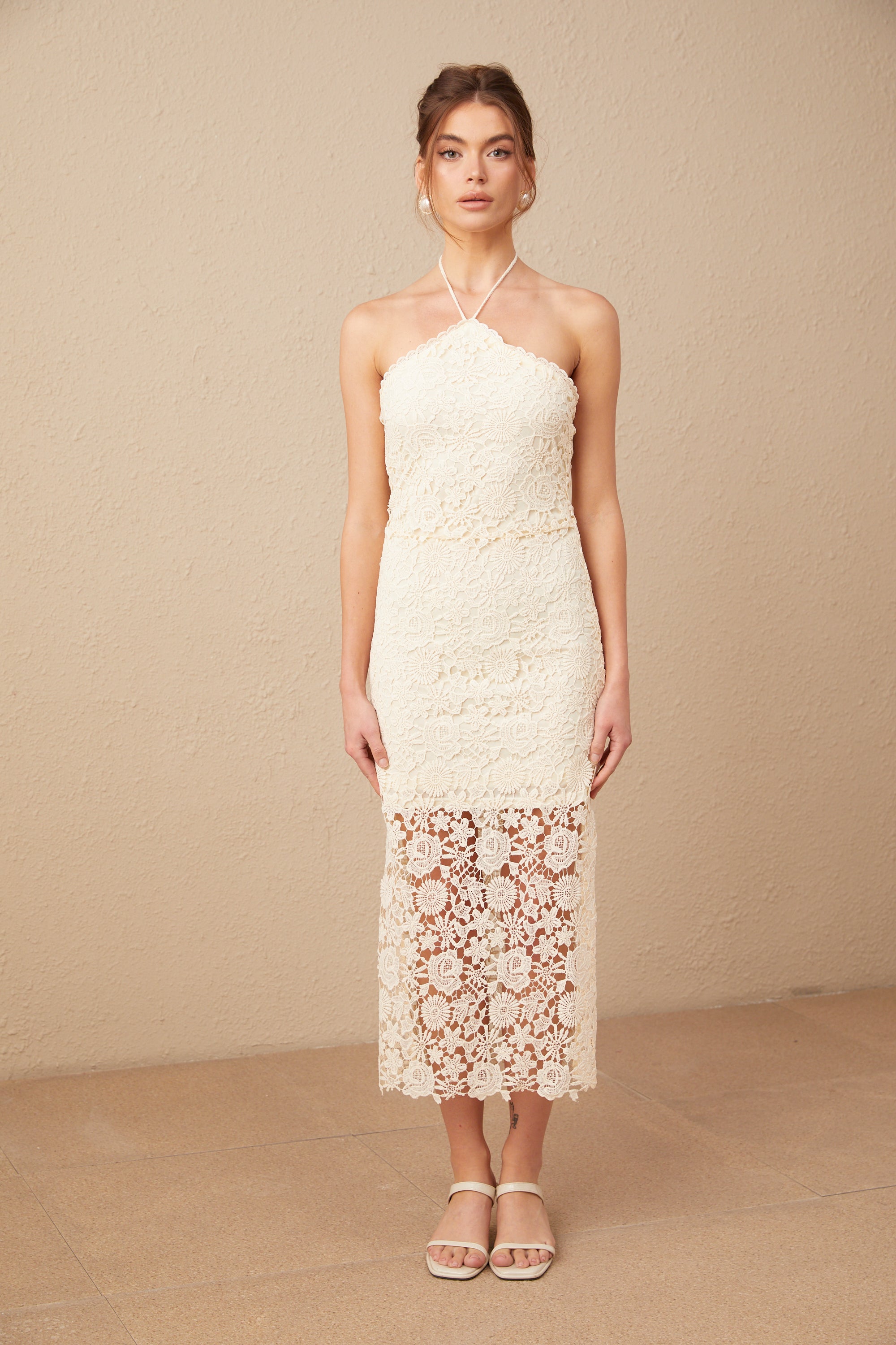 Bonnie halterneck embroidered-lace midi dress