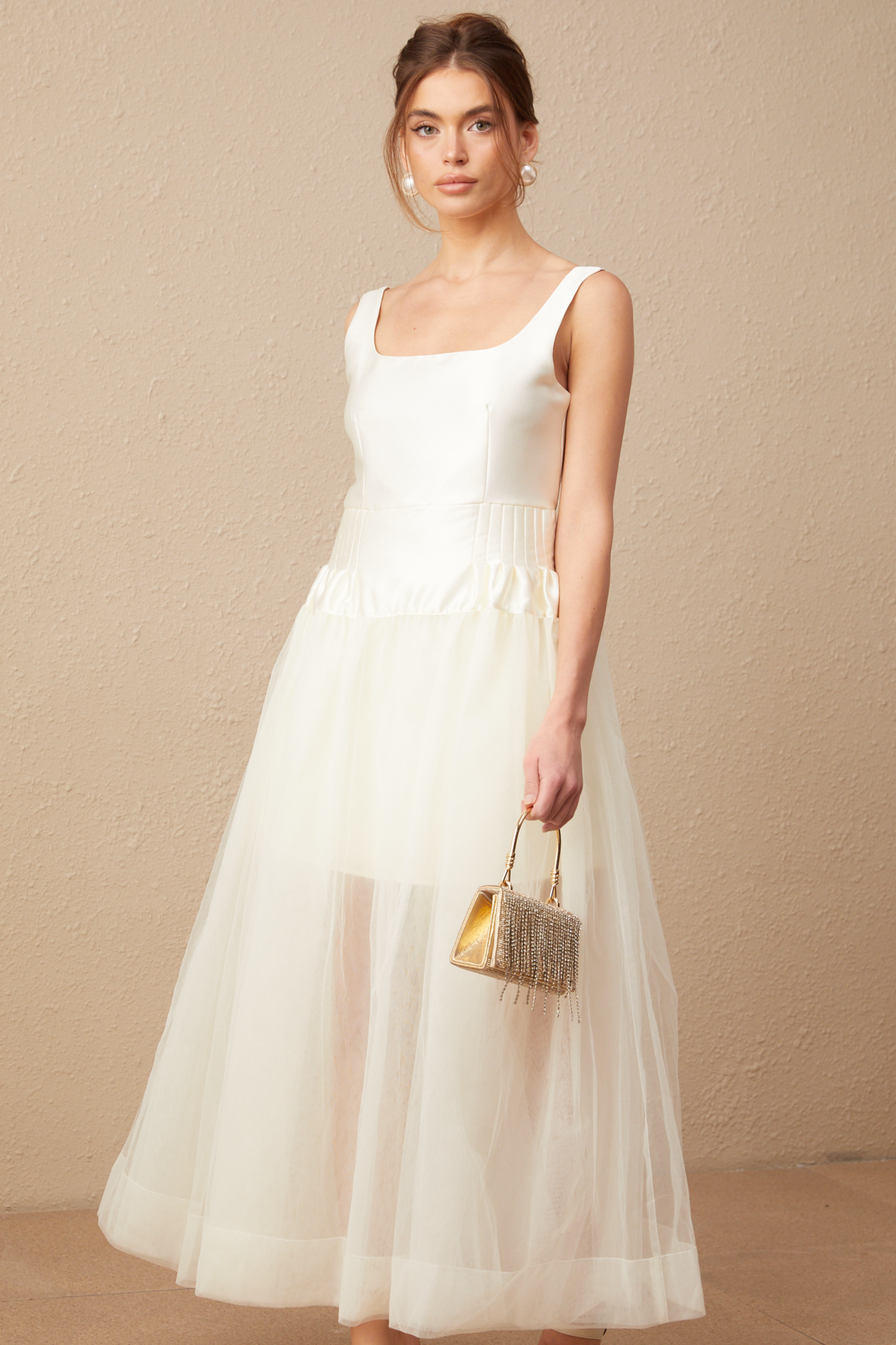 Lucie white satin tulle panelled maxi dress