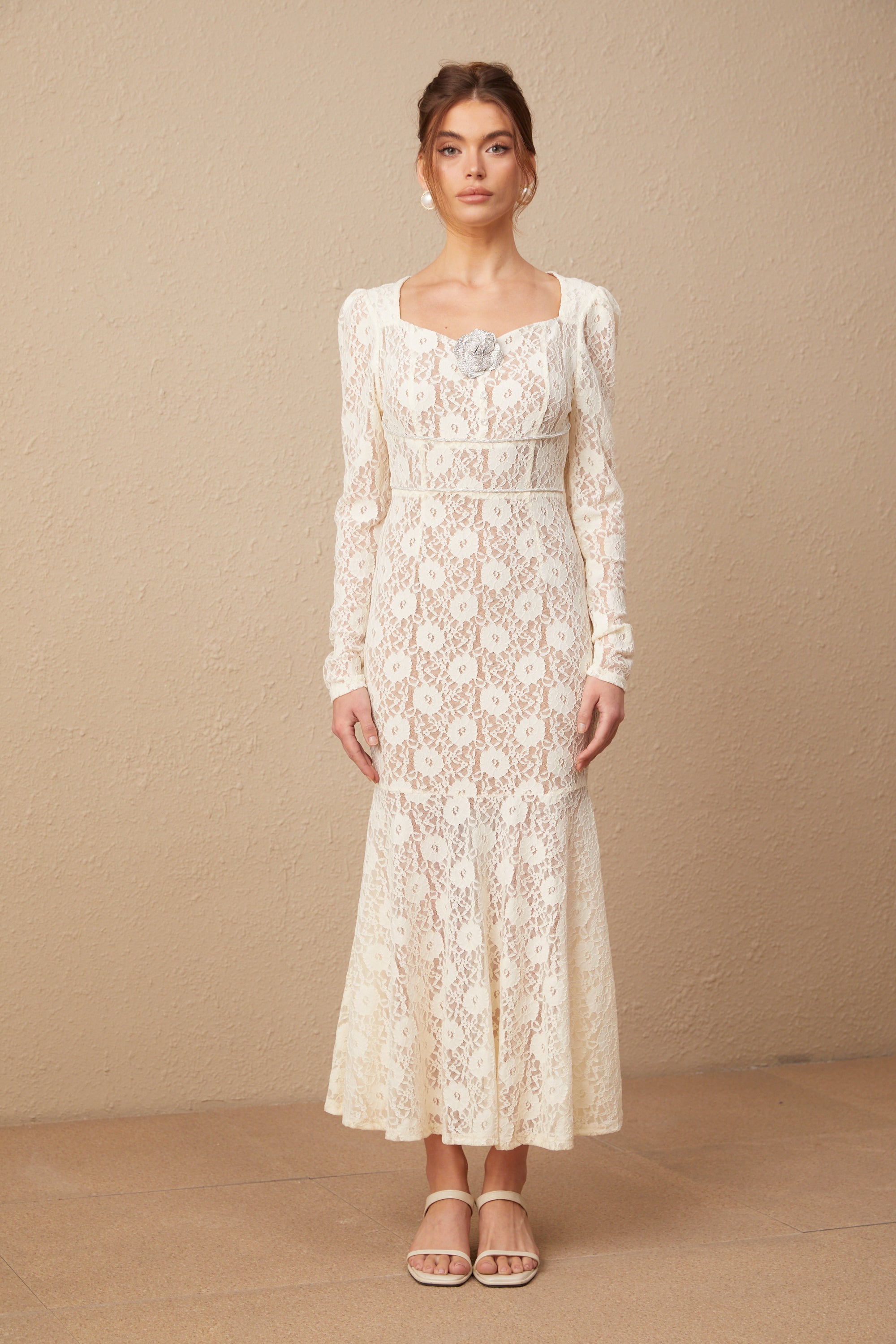 Anaxarete white floral-lace midi dress