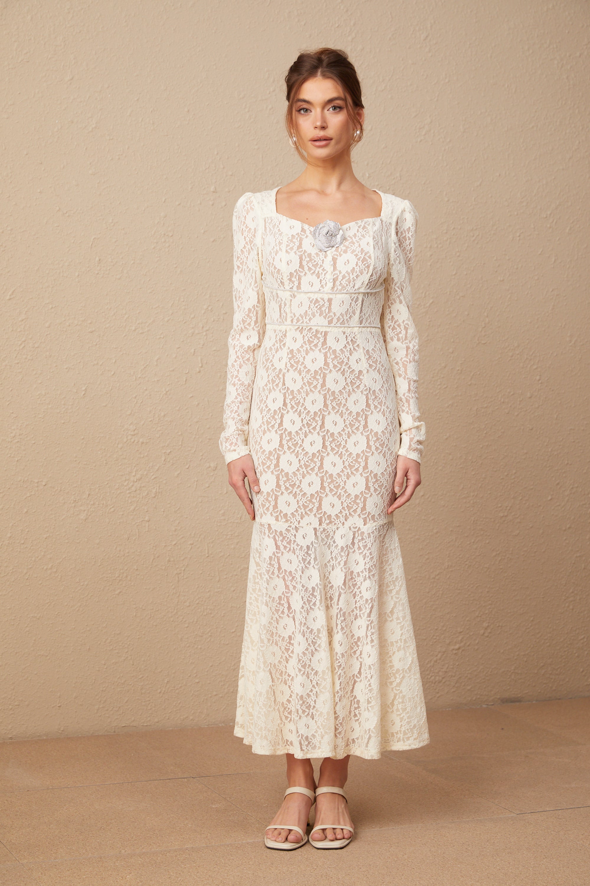 Anaxarete white floral-lace midi dress