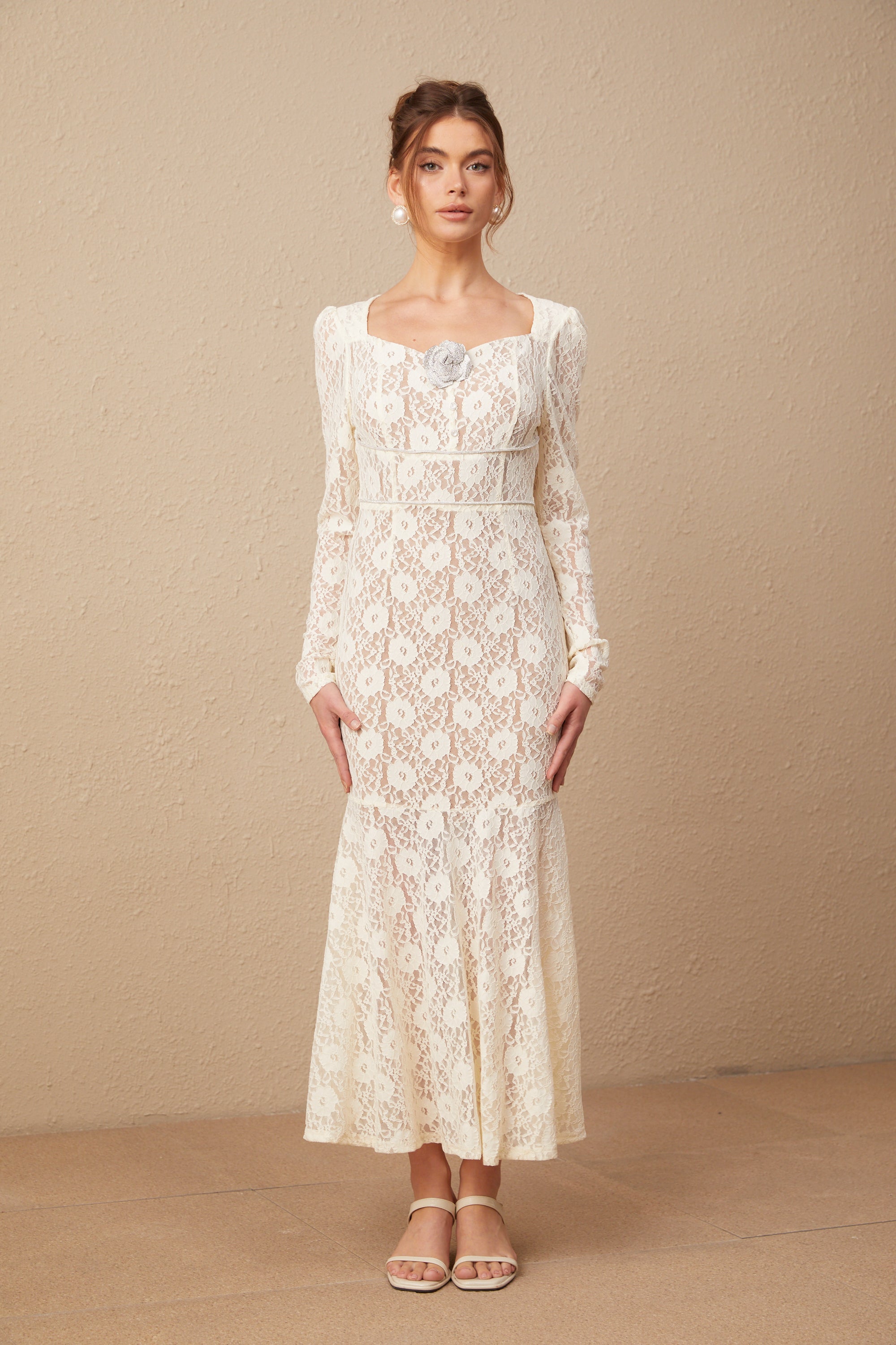 Anaxarete white floral-lace midi dress