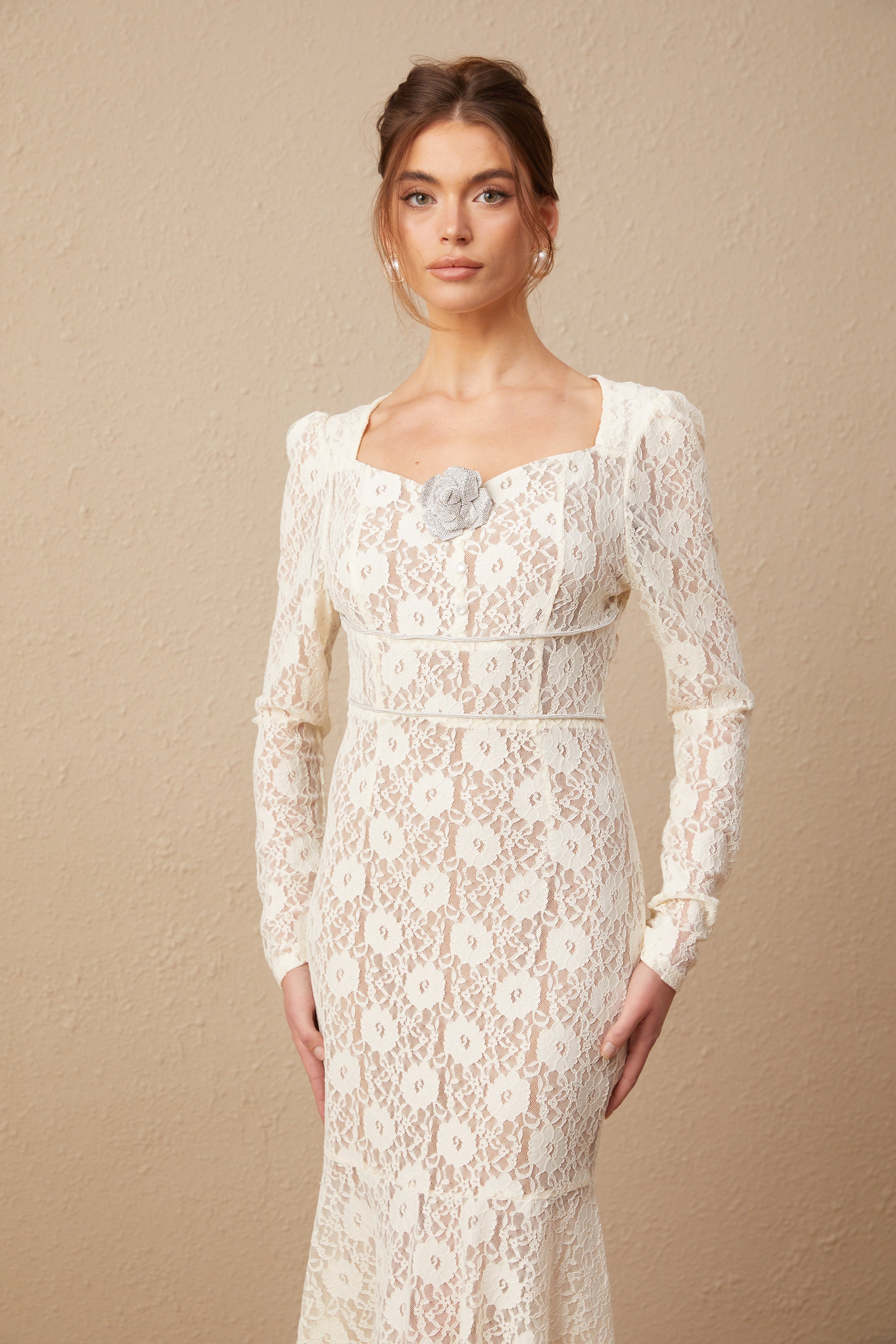 Anaxarete white floral-lace midi dress