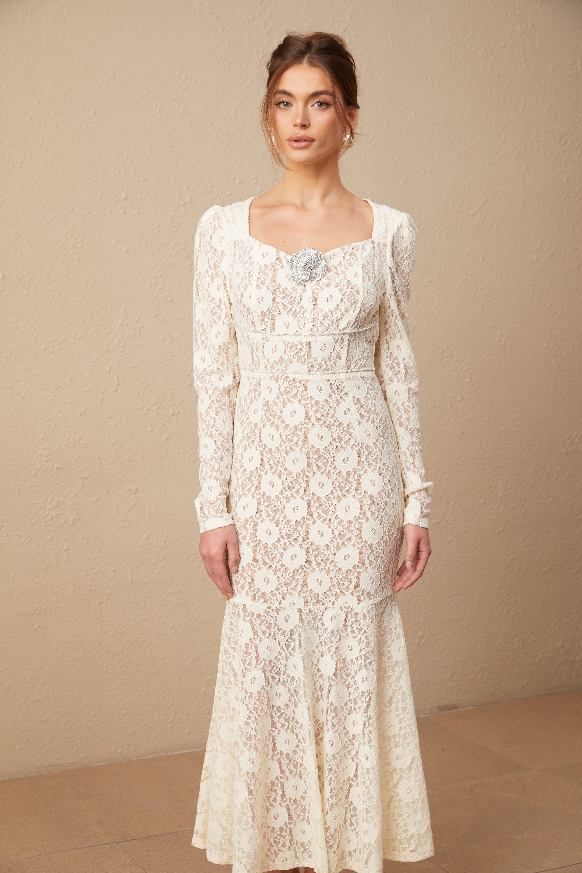 Anaxarete white floral-lace midi dress