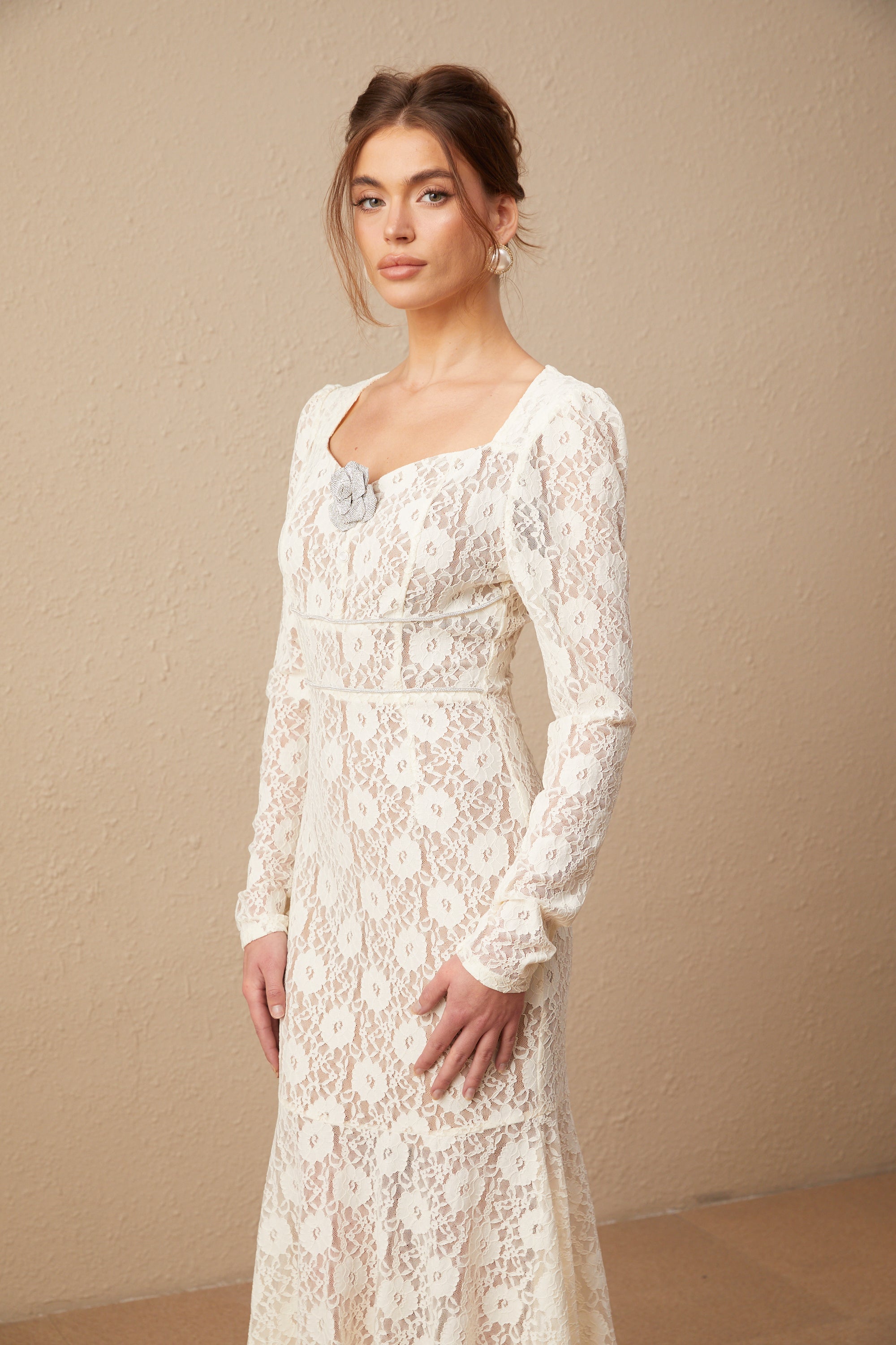 Anaxarete white floral-lace midi dress