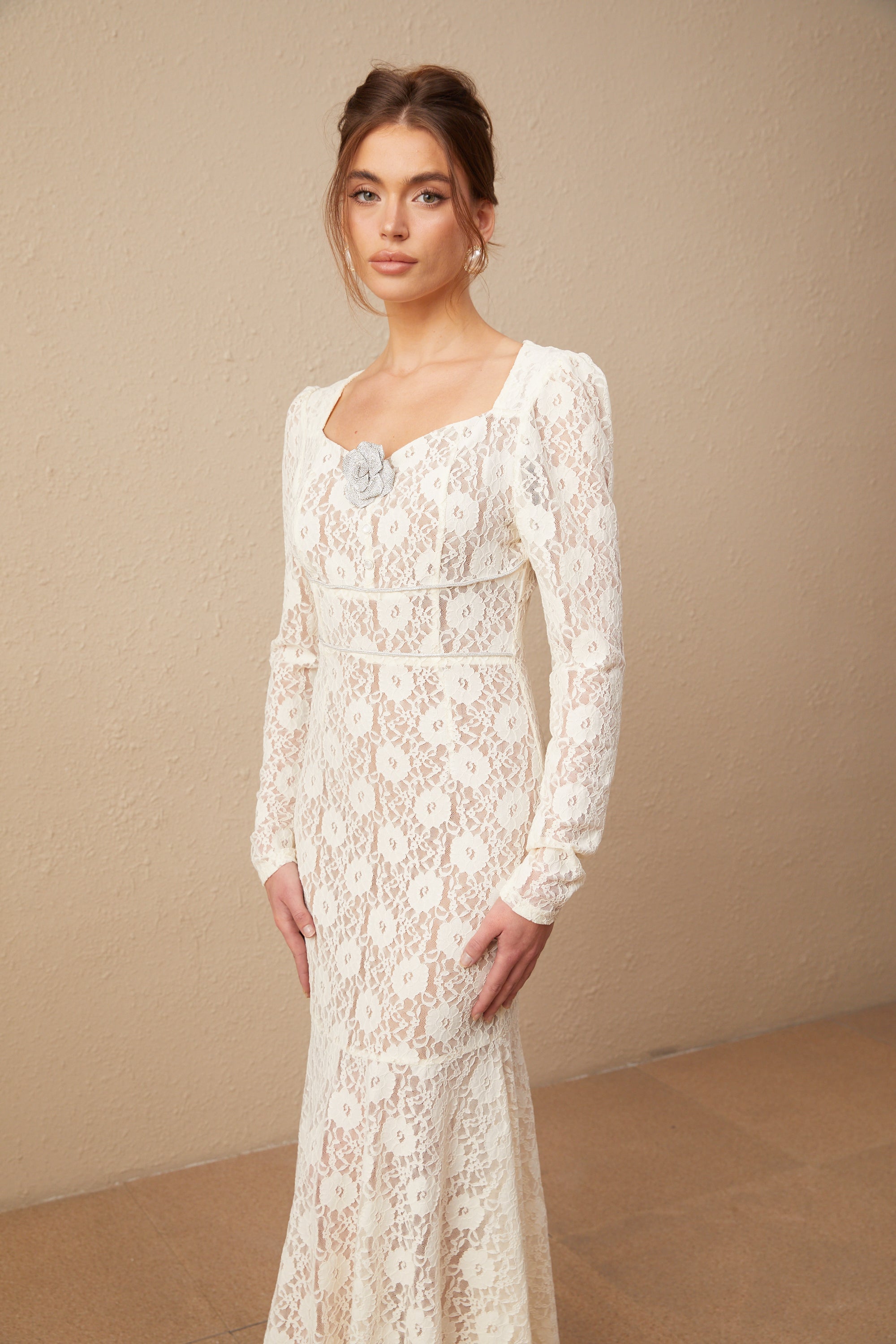 Anaxarete white floral-lace midi dress