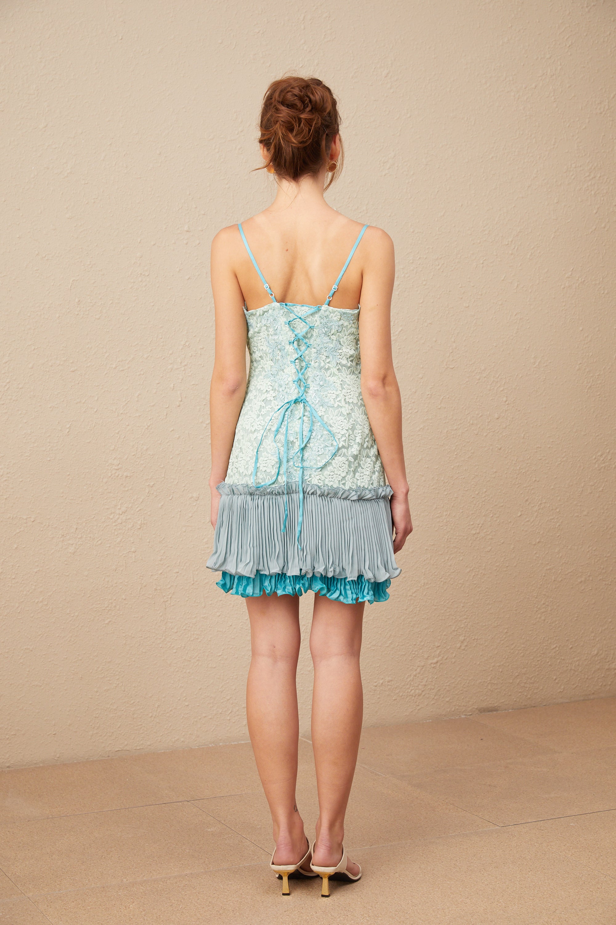 Gabrielle lace-embroidery pleated mini dress