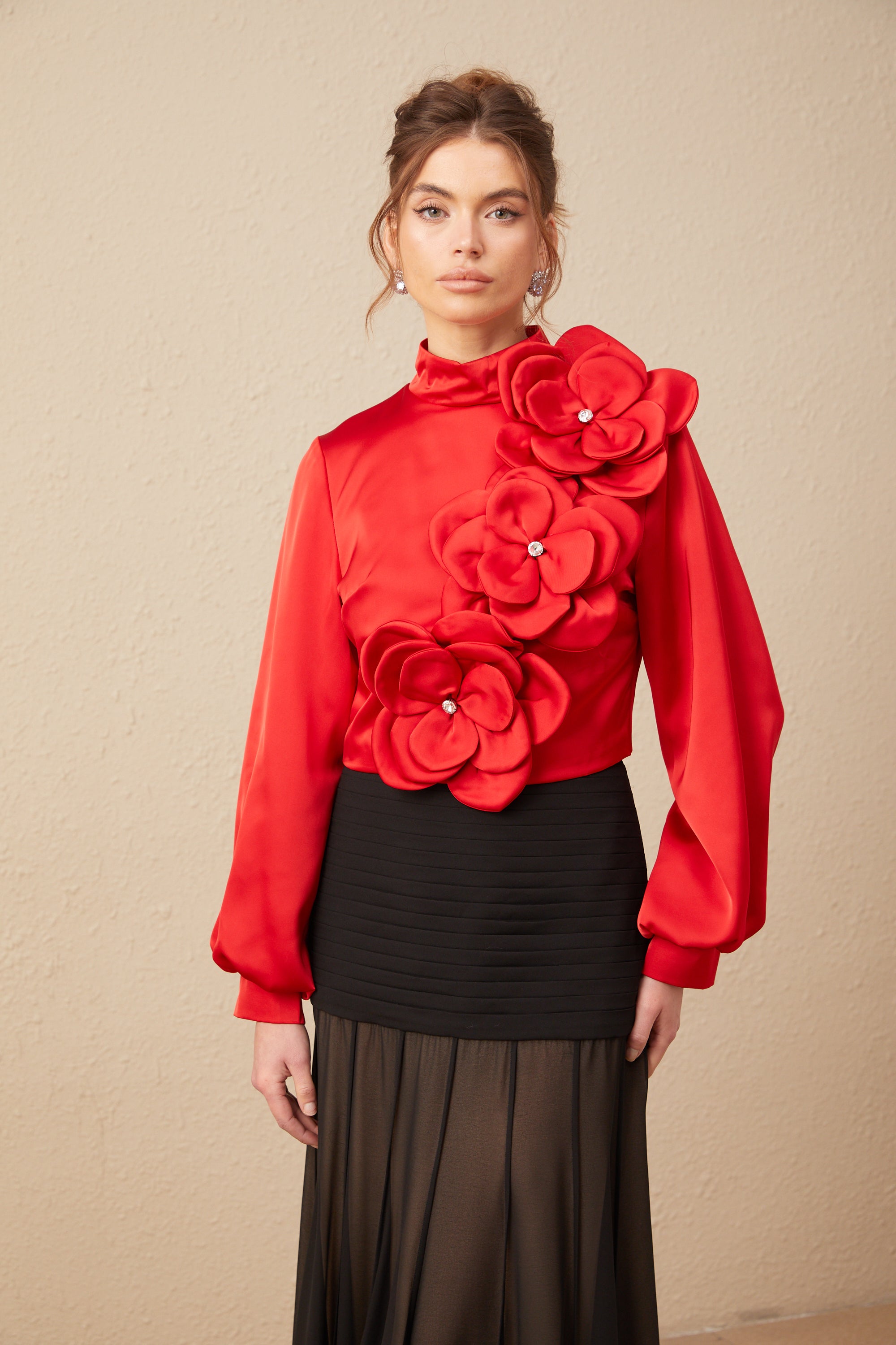 Coline red faux-flower long-sleeve top