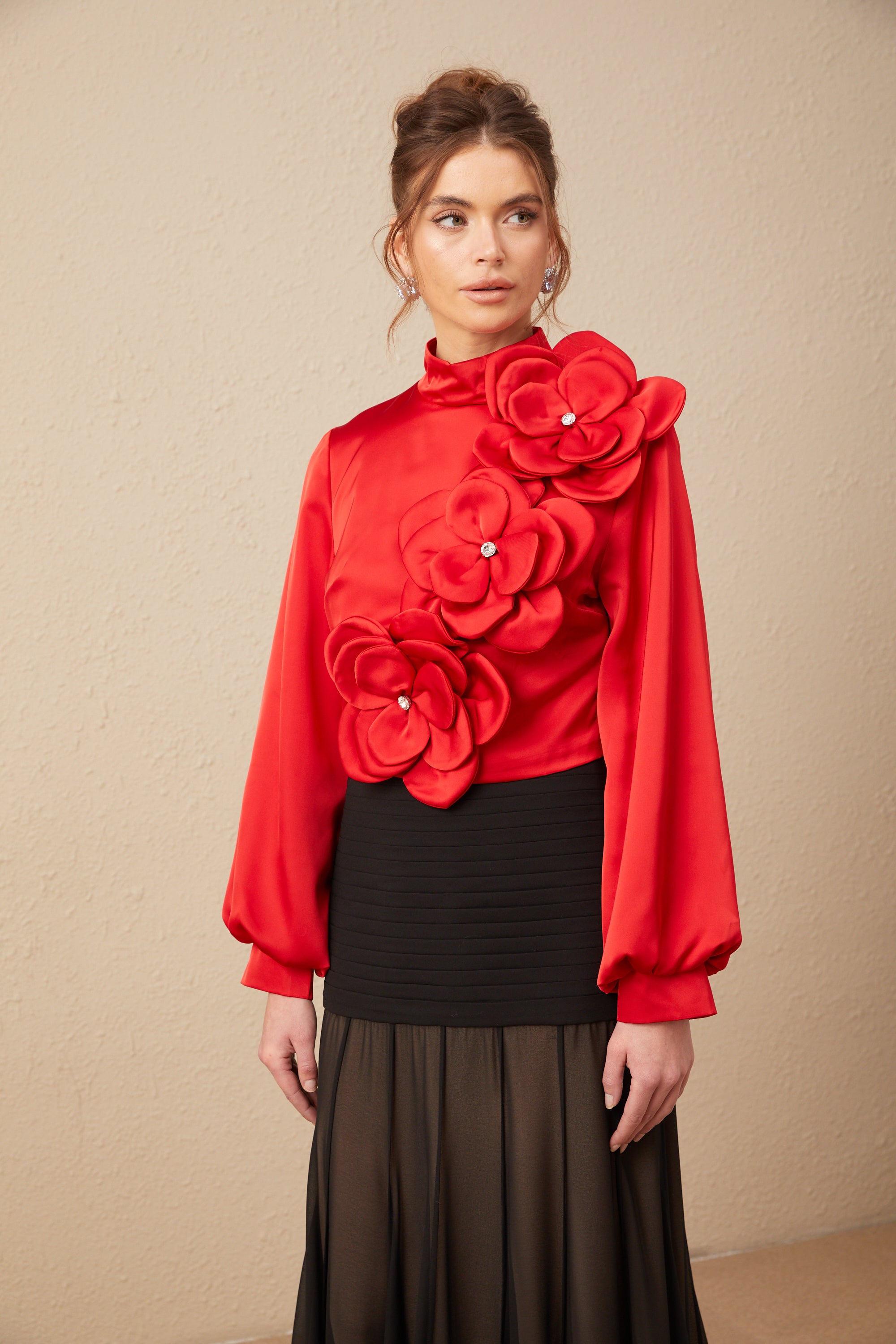 Coline red faux-flower long-sleeve top