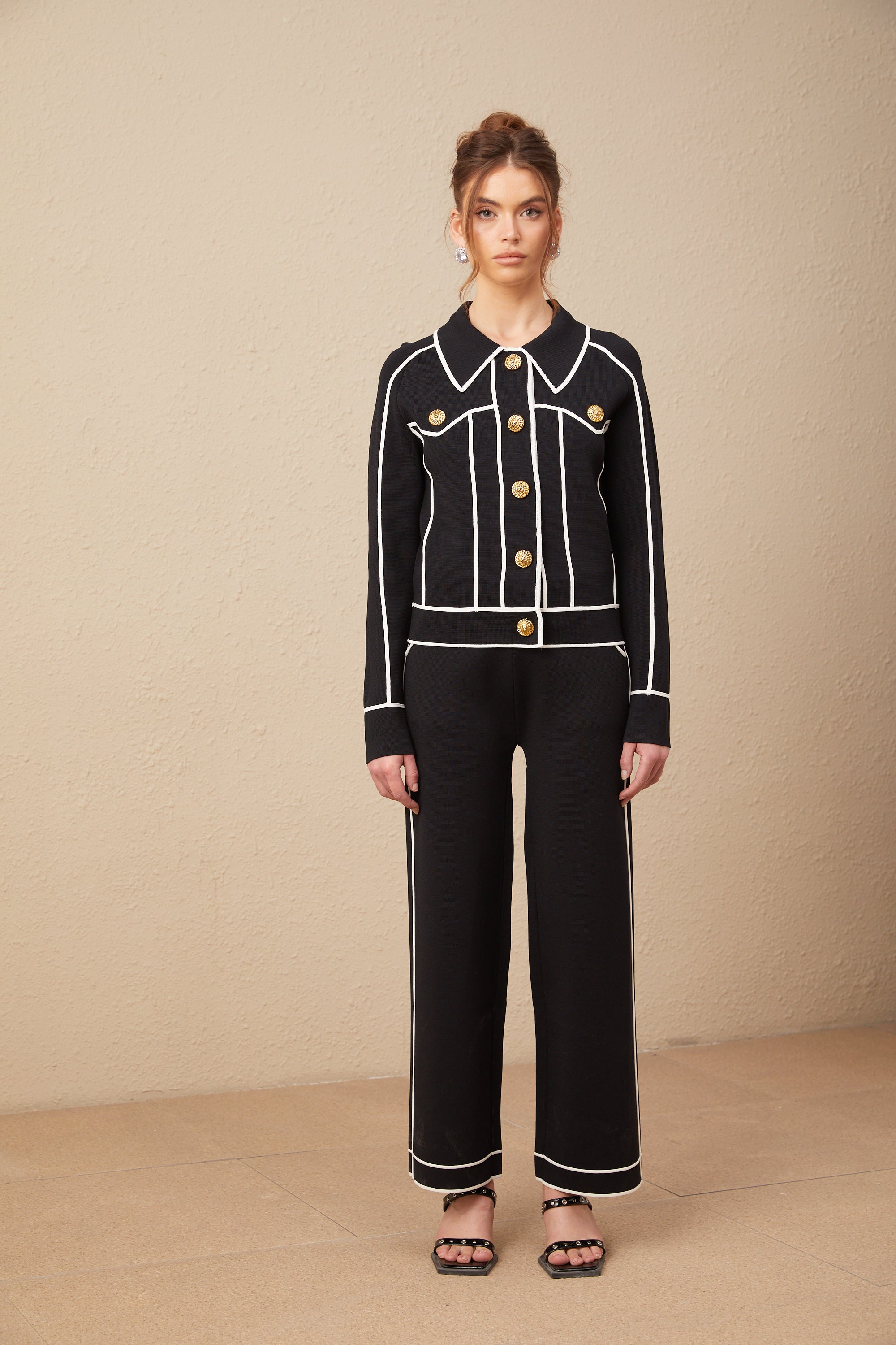 Calista black piped-trim jacket & trousers matching set