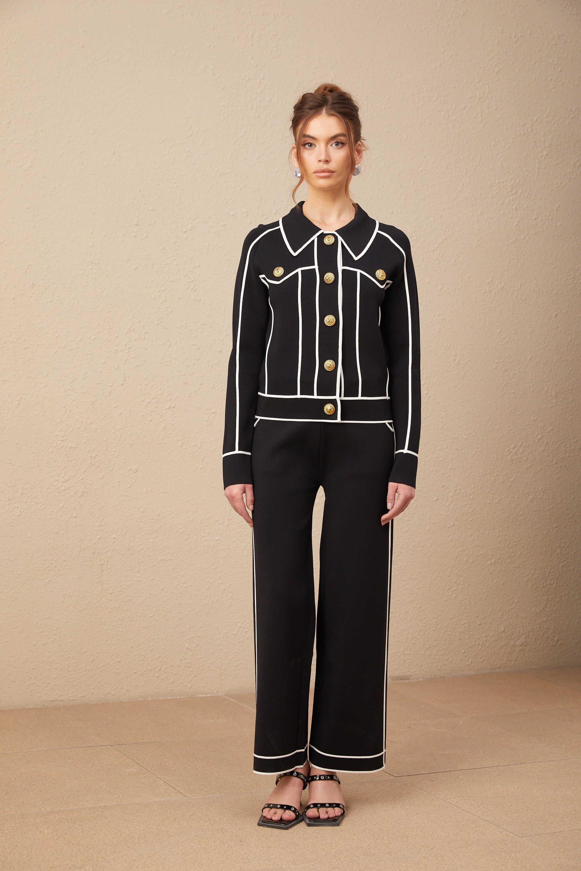 Calista black piped-trim jacket & trousers matching set