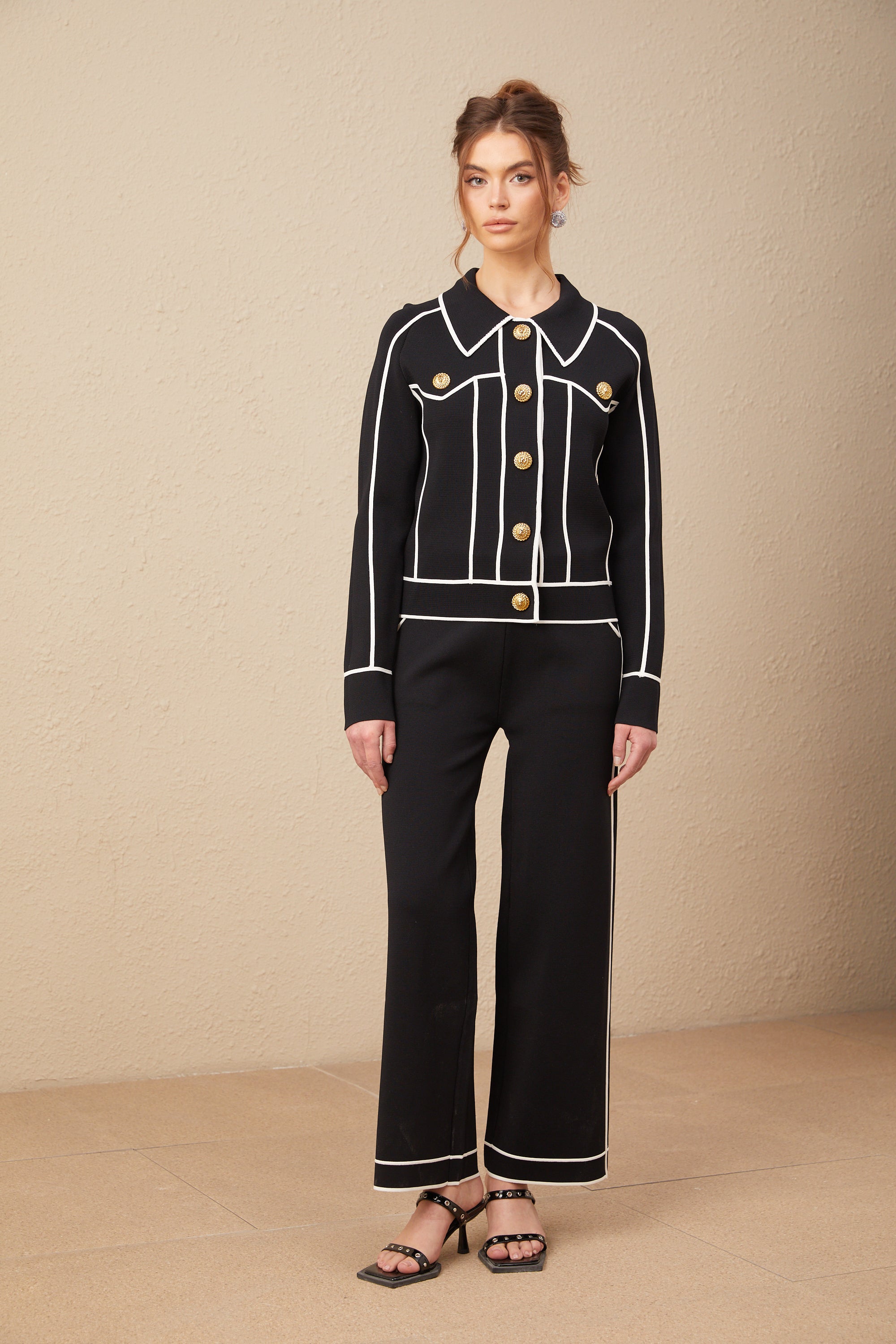 Calista black piped-trim jacket & trousers matching set