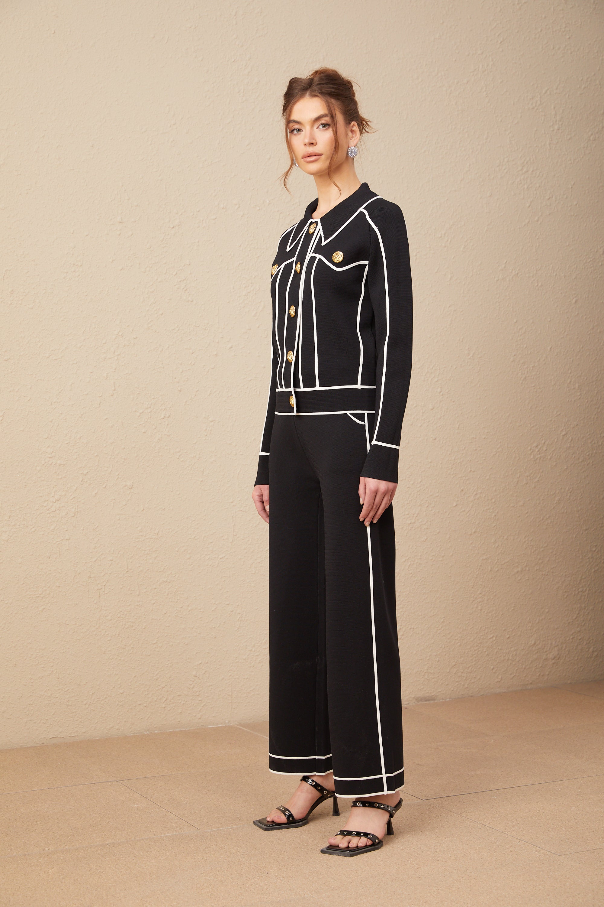 Calista black piped-trim jacket & trousers matching set