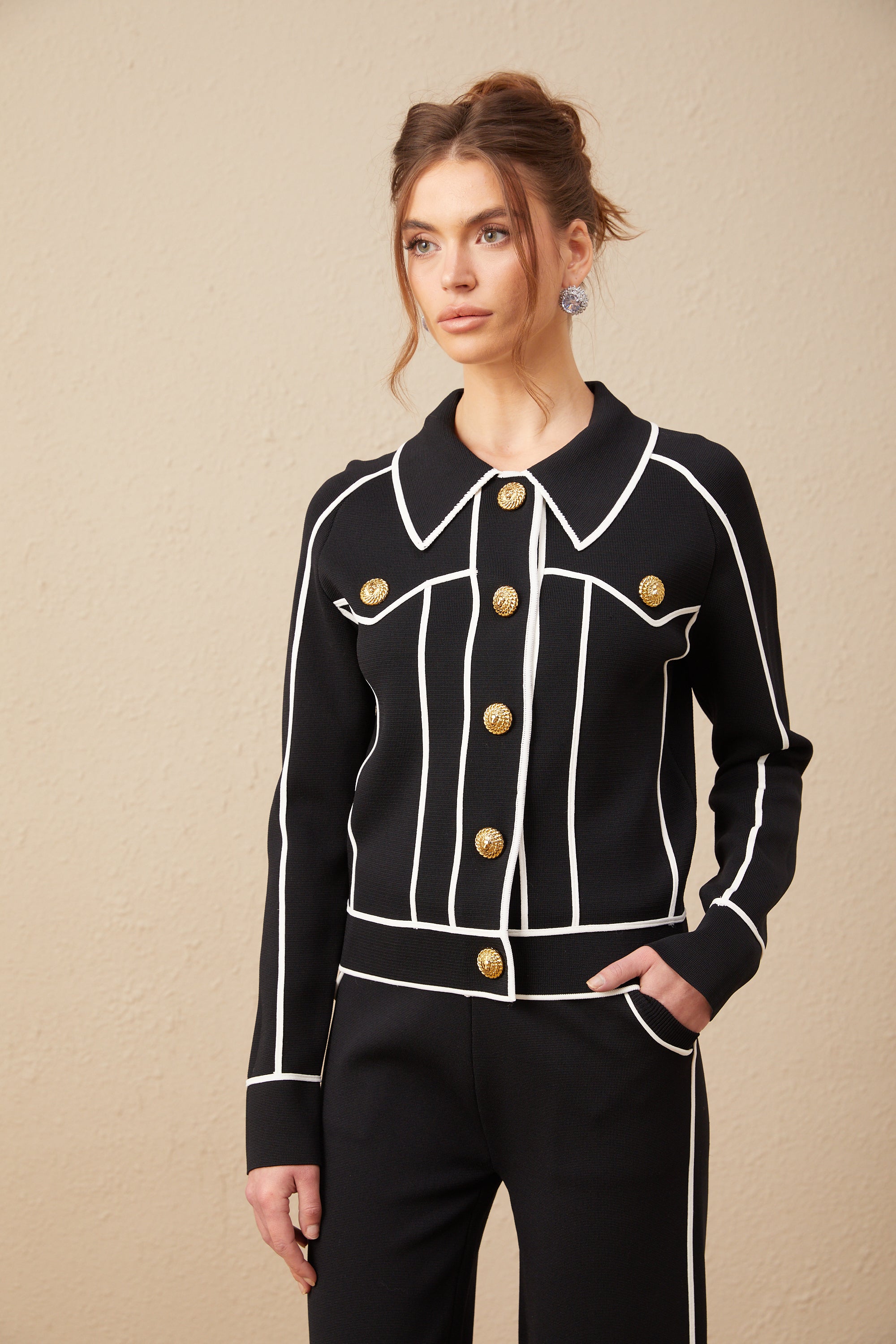 Calista black piped-trim jacket & trousers matching set