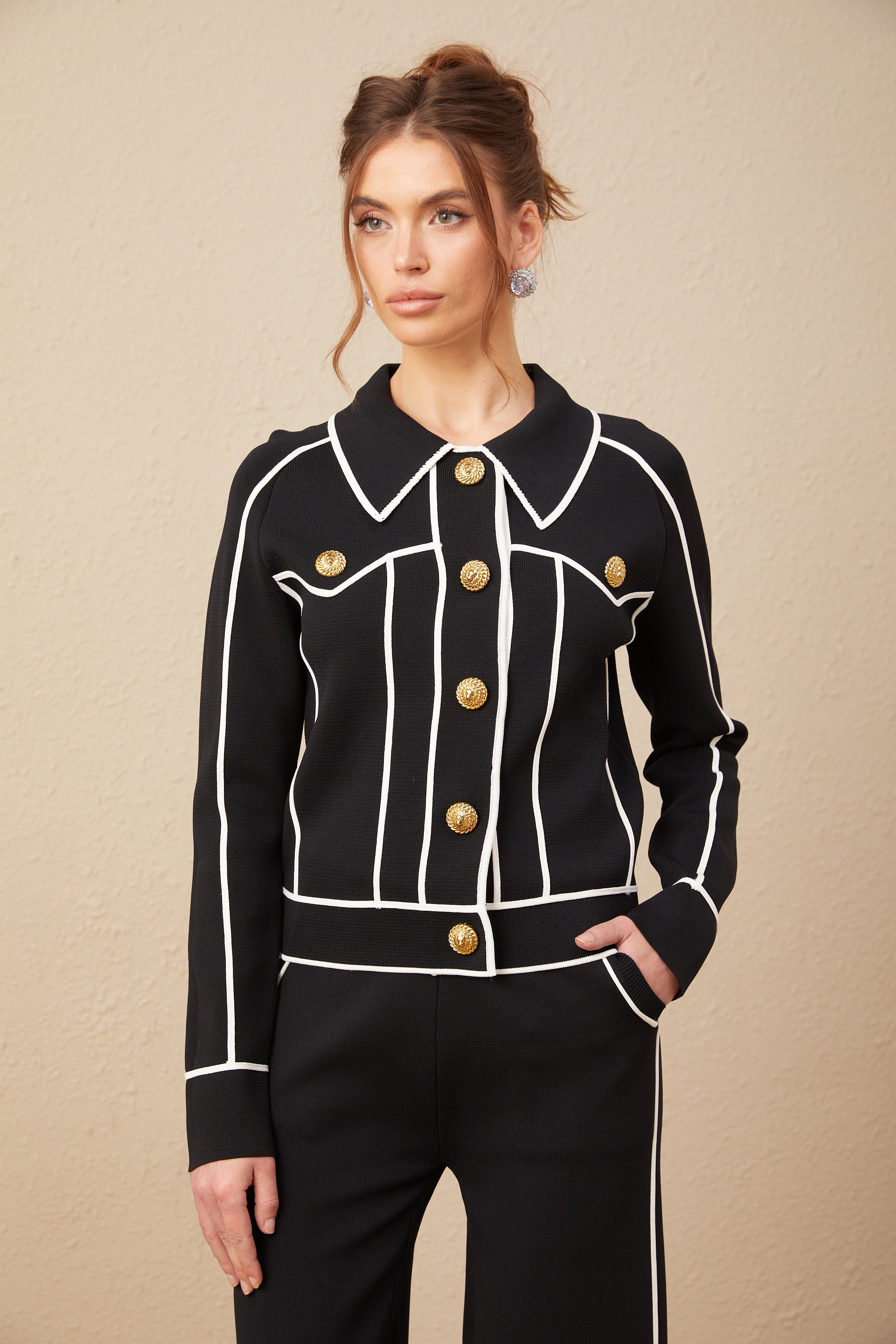 Calista black piped-trim jacket & trousers matching set