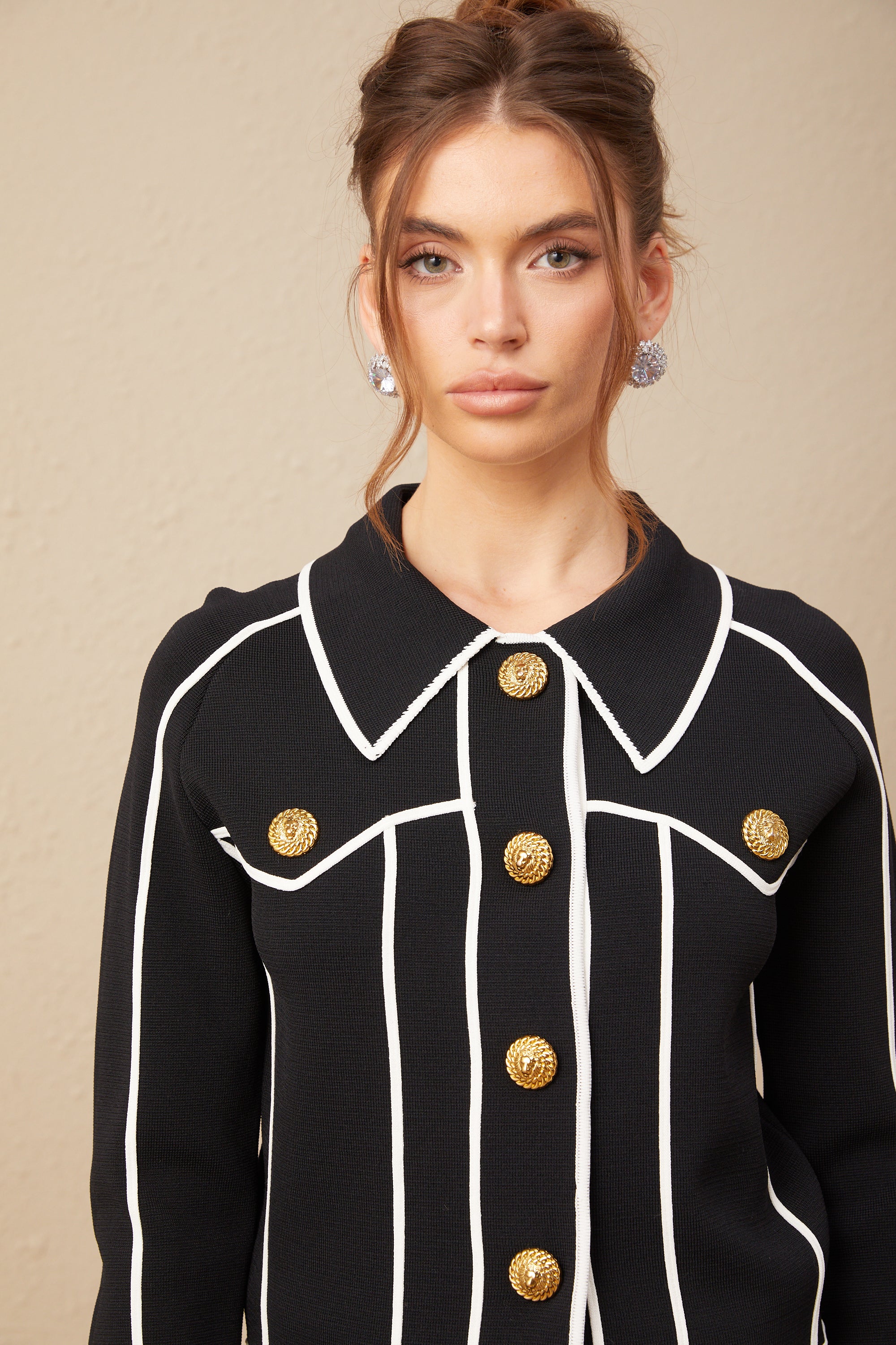 Calista black piped-trim jacket & trousers matching set