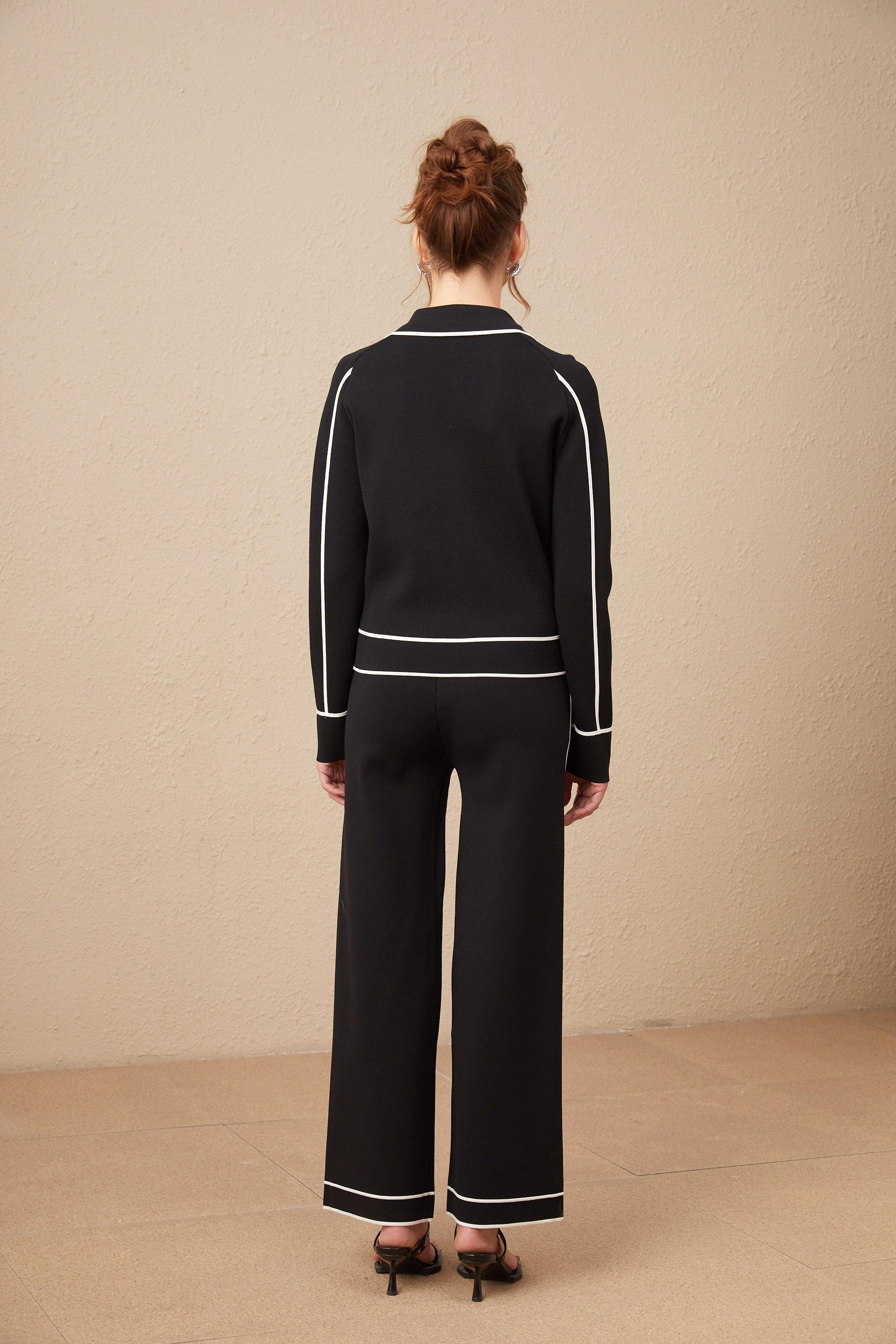 Calista black piped-trim jacket & trousers matching set