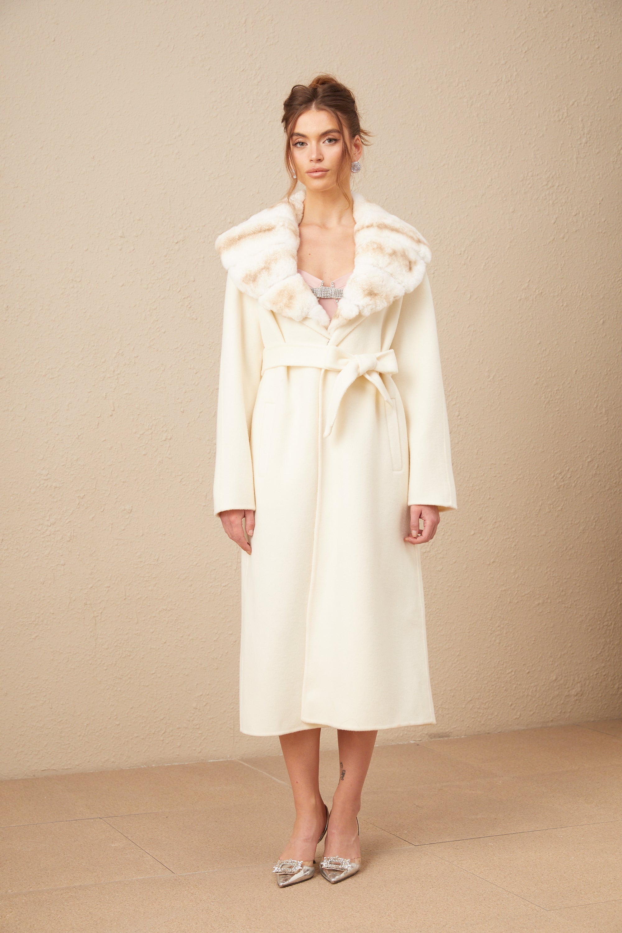 Cécile off-white wool gradient-effect fur woolen overcoat