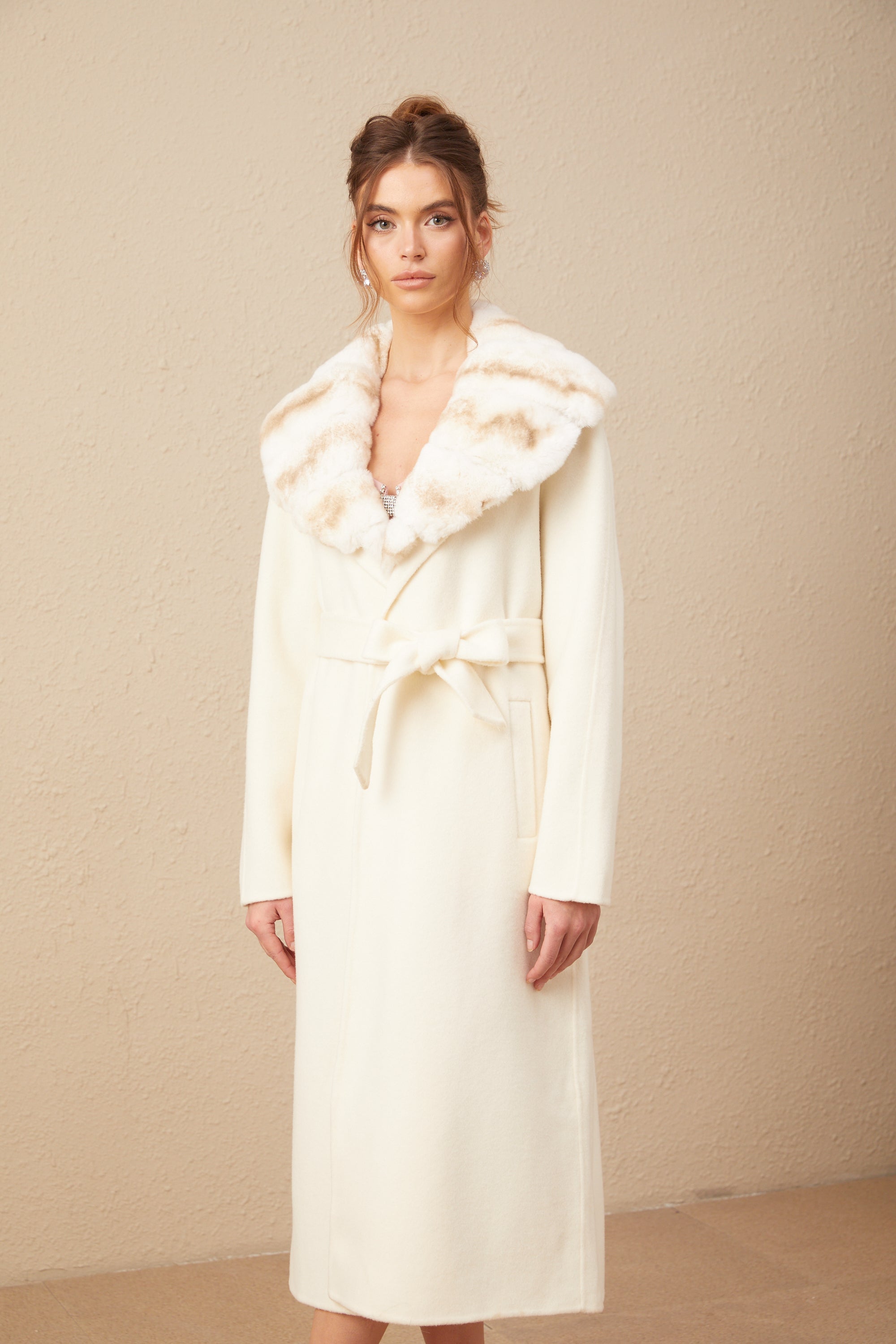 Cécile off-white wool gradient-effect fur woolen overcoat