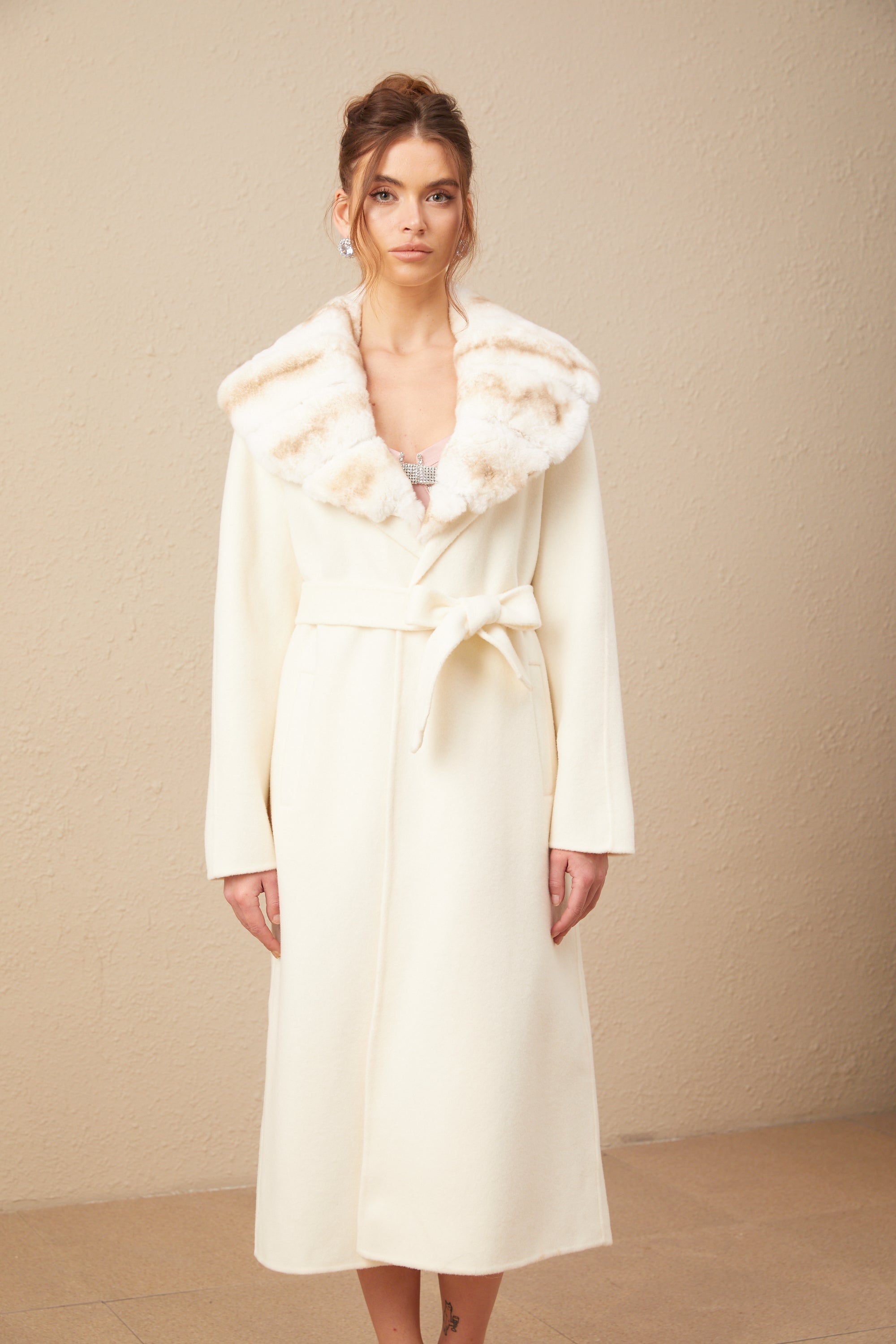 Cécile off-white wool gradient-effect fur woolen overcoat