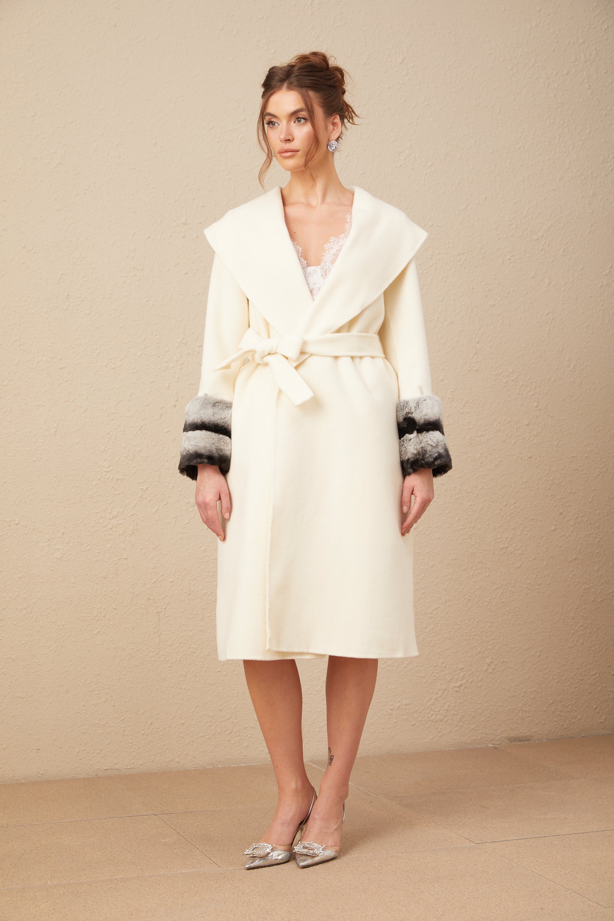 Vienne off-white faux fur wrap overcoat