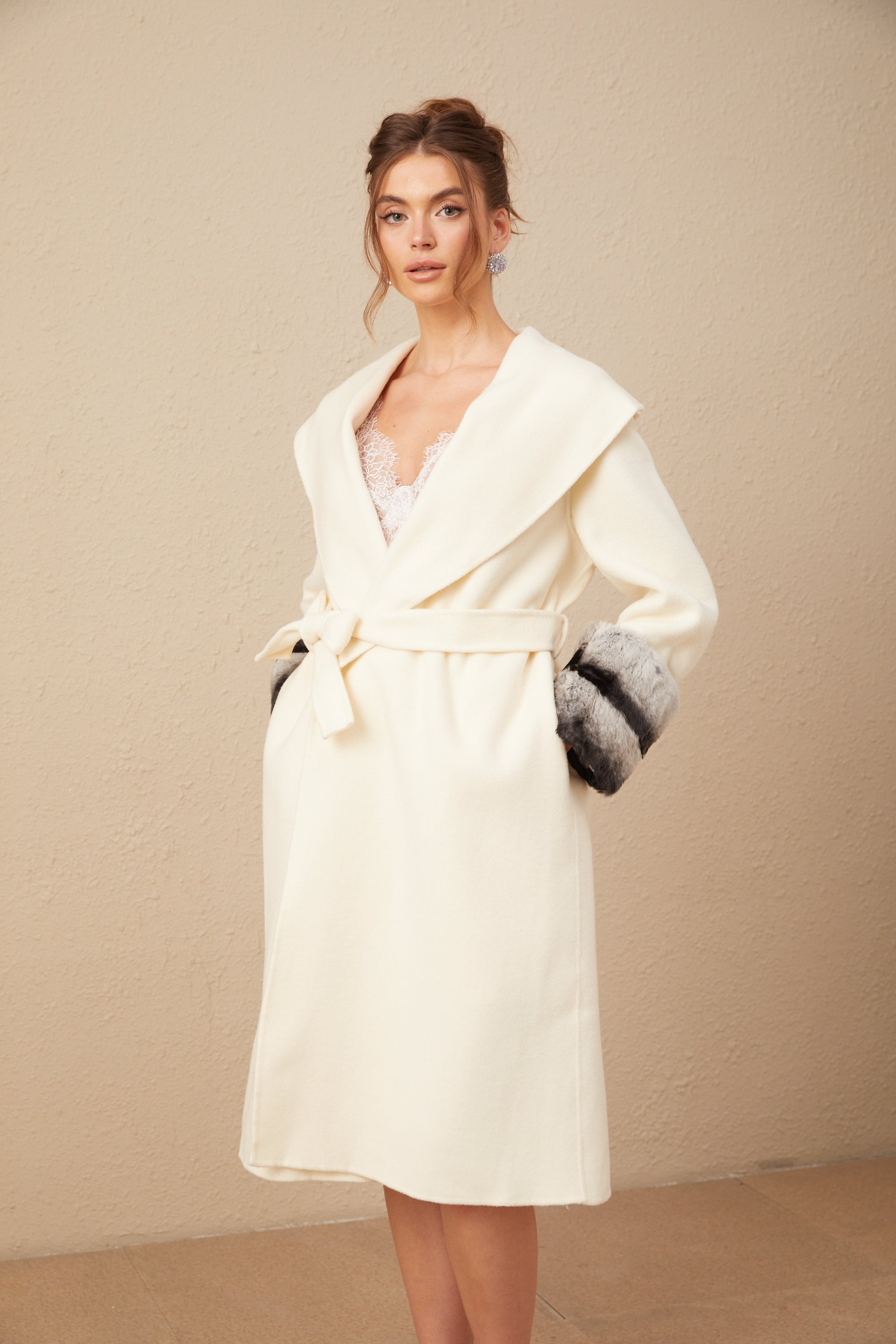 Vienne off-white faux fur wrap overcoat