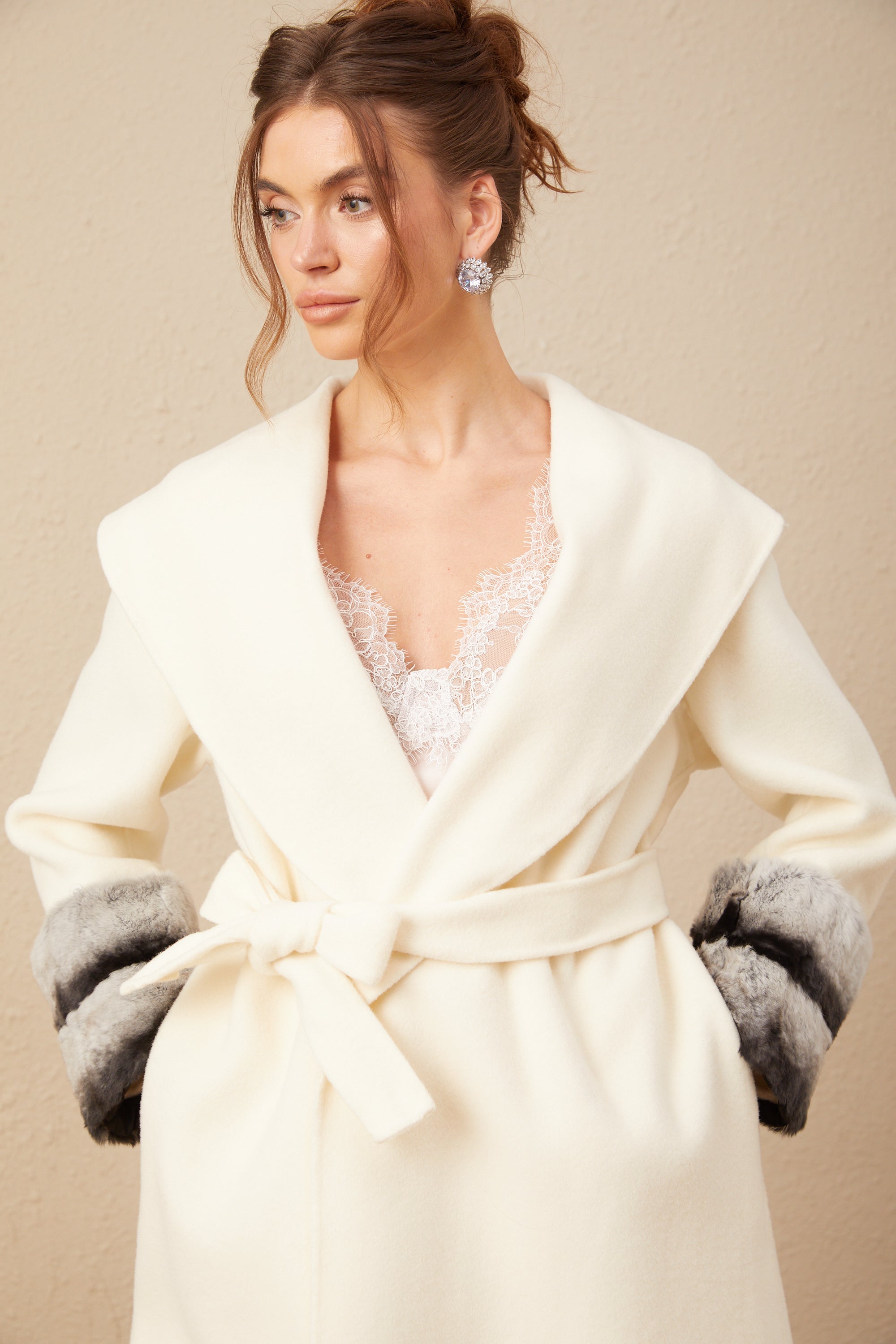 Vienne off-white faux fur wrap overcoat