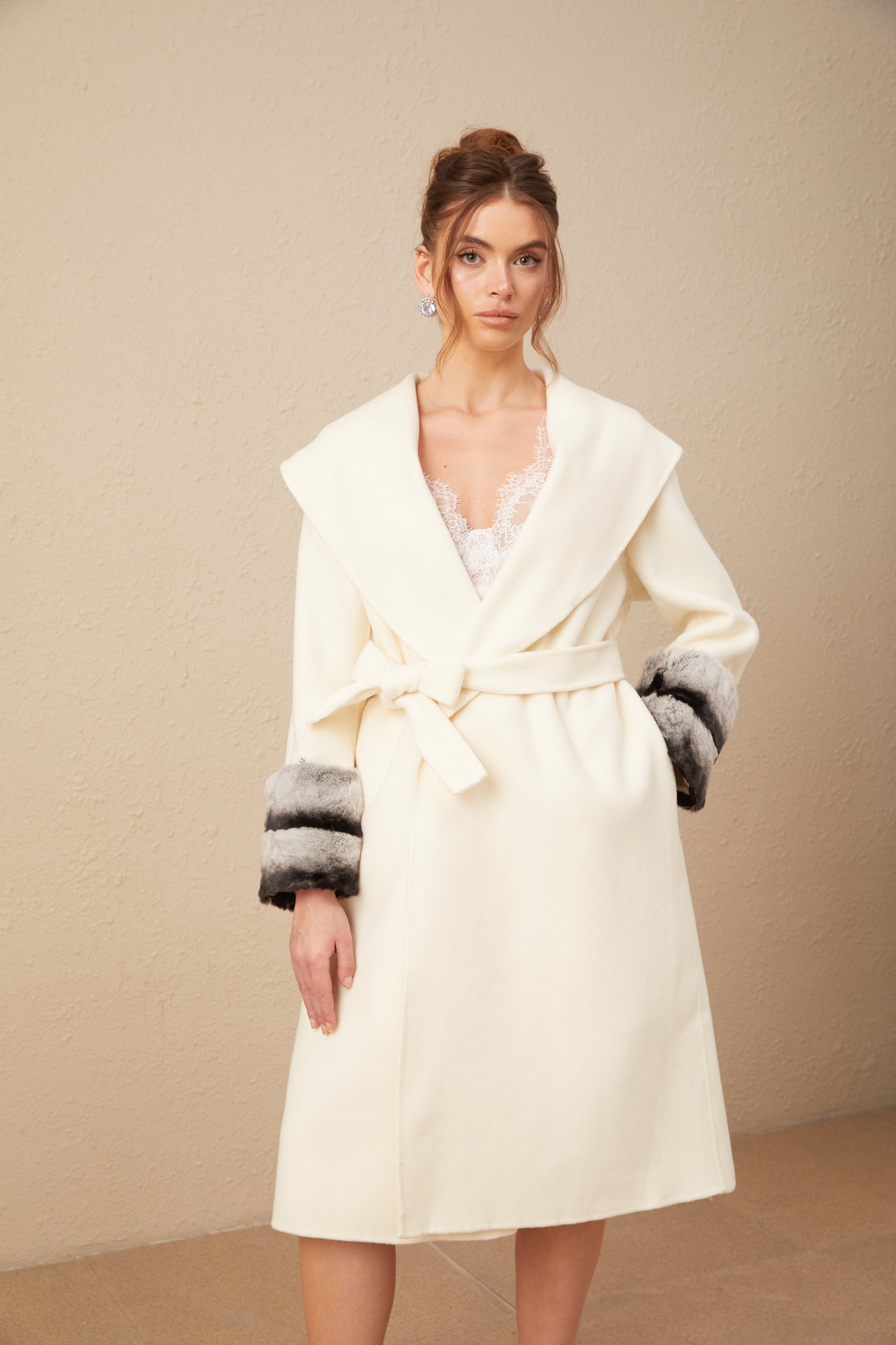 Vienne off-white faux fur wrap overcoat