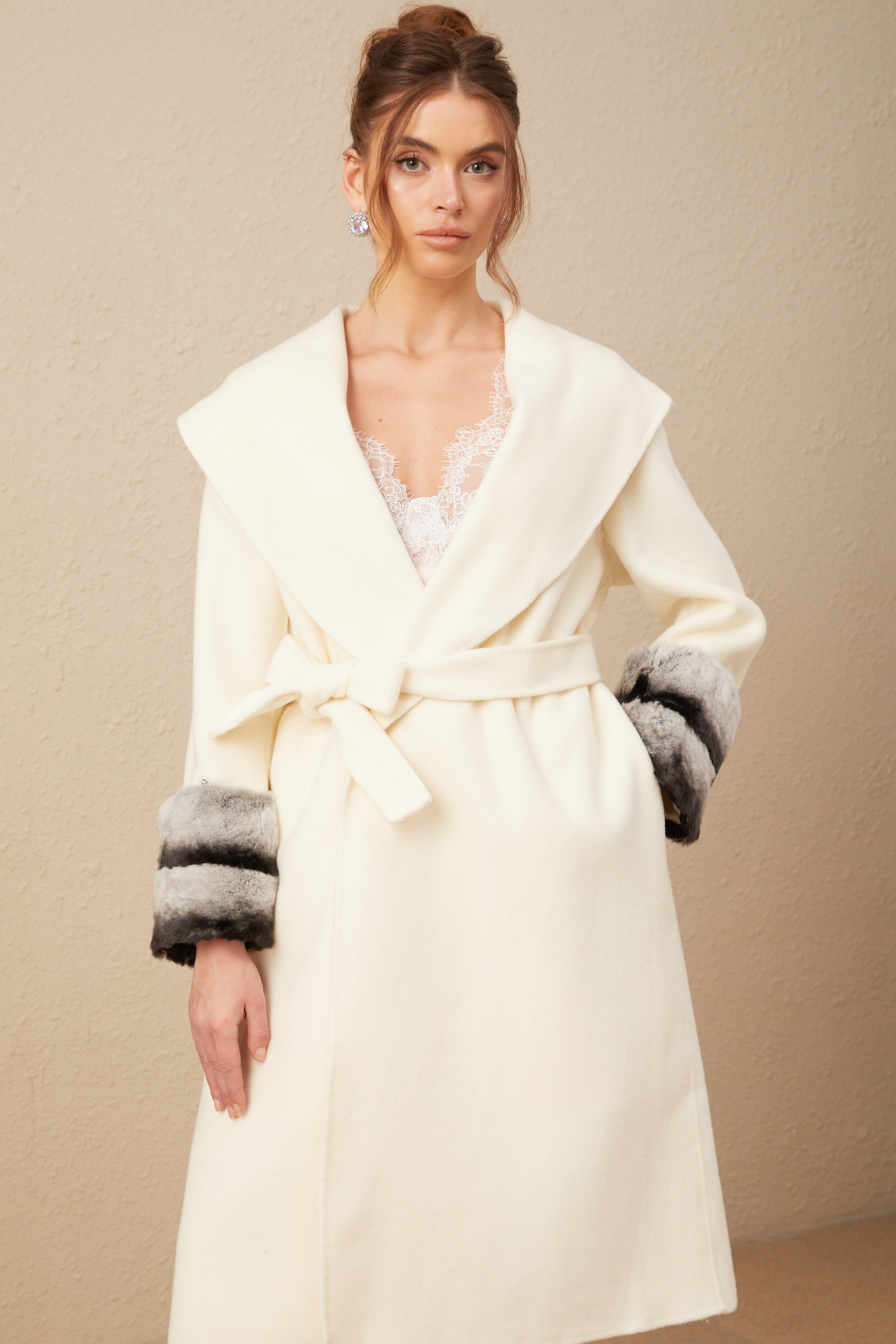 Vienne off-white faux fur wrap overcoat